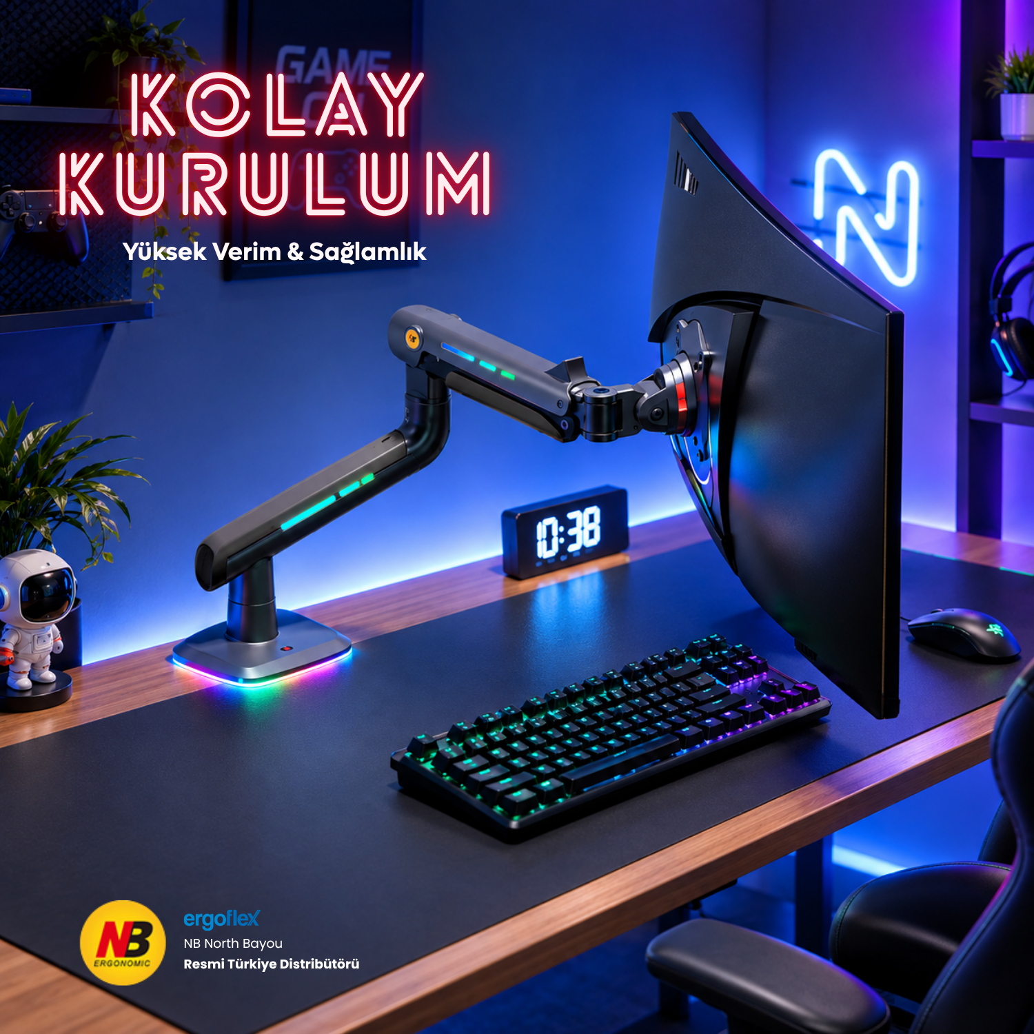 resimler/genel/NB Ergonomic NB F5-Gaming , 32-60inch 2-20 Kg RGB aydınlatma Profesyonel Oyuncu Monitör Standı