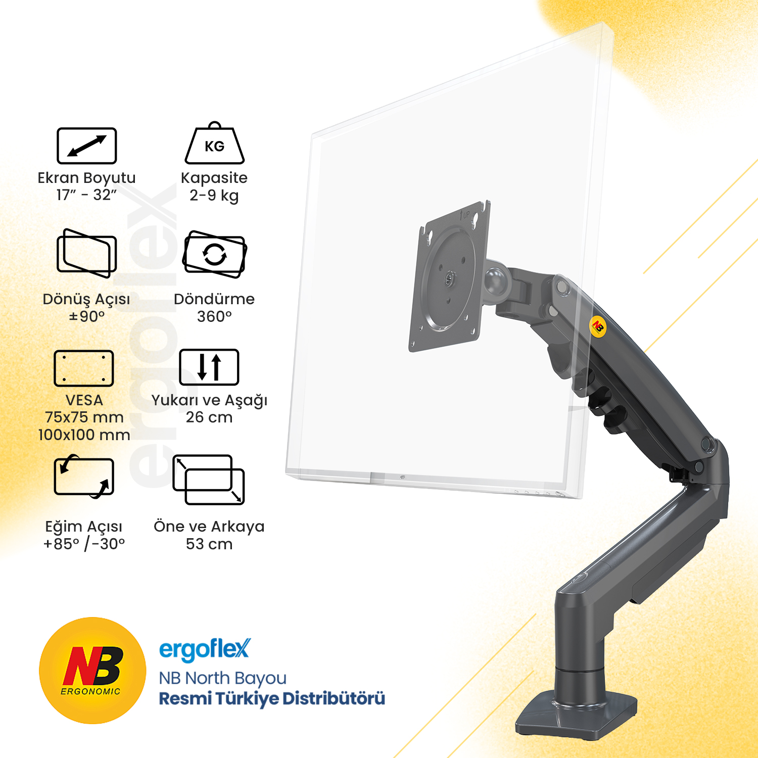 NB Ergonomic NB F80 17-32inch Amortisörlü 2-9 kg Monitör Standı 2026 Versiyon Koyu Gri