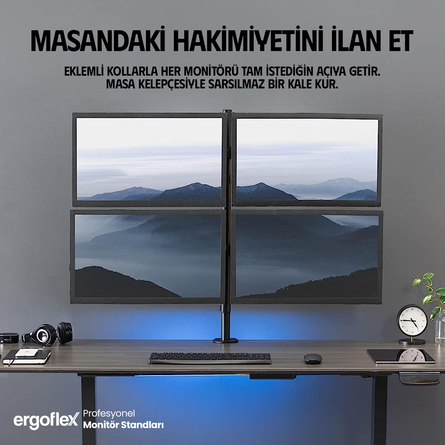 Ergoflex EF54 13-27inch Dört Kol Asansörlü  2-8 kg Monitör Standı 