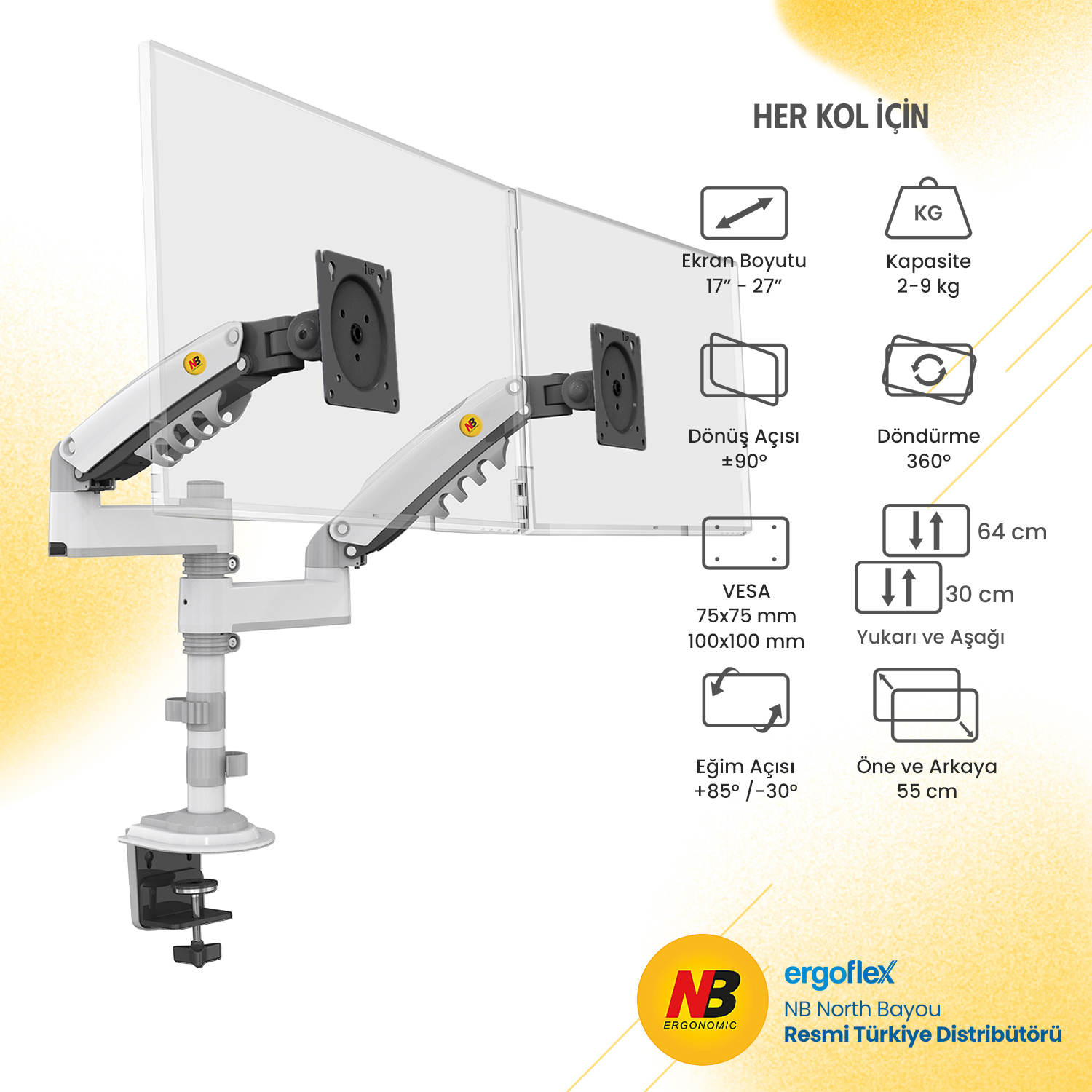 resimler/genel/NB Ergonomic NB H180 22-35inch Çift Kol Amortisörlü 2-9 kg Monitör Standı Beyaz