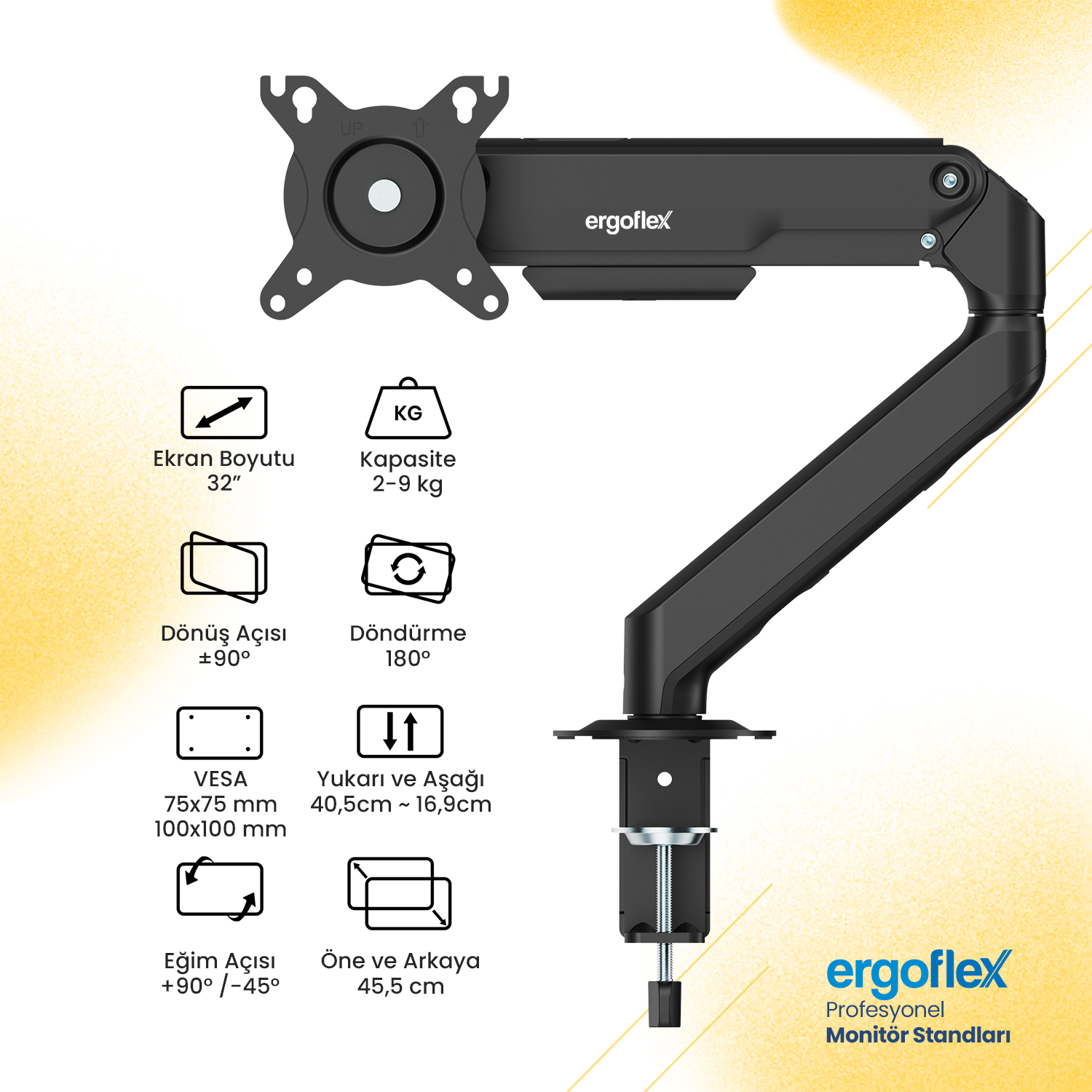 Ergoflex X8 Siyah 17-32inch Amortisörlü 9 kg Monitör Standı 2026 Versiyon