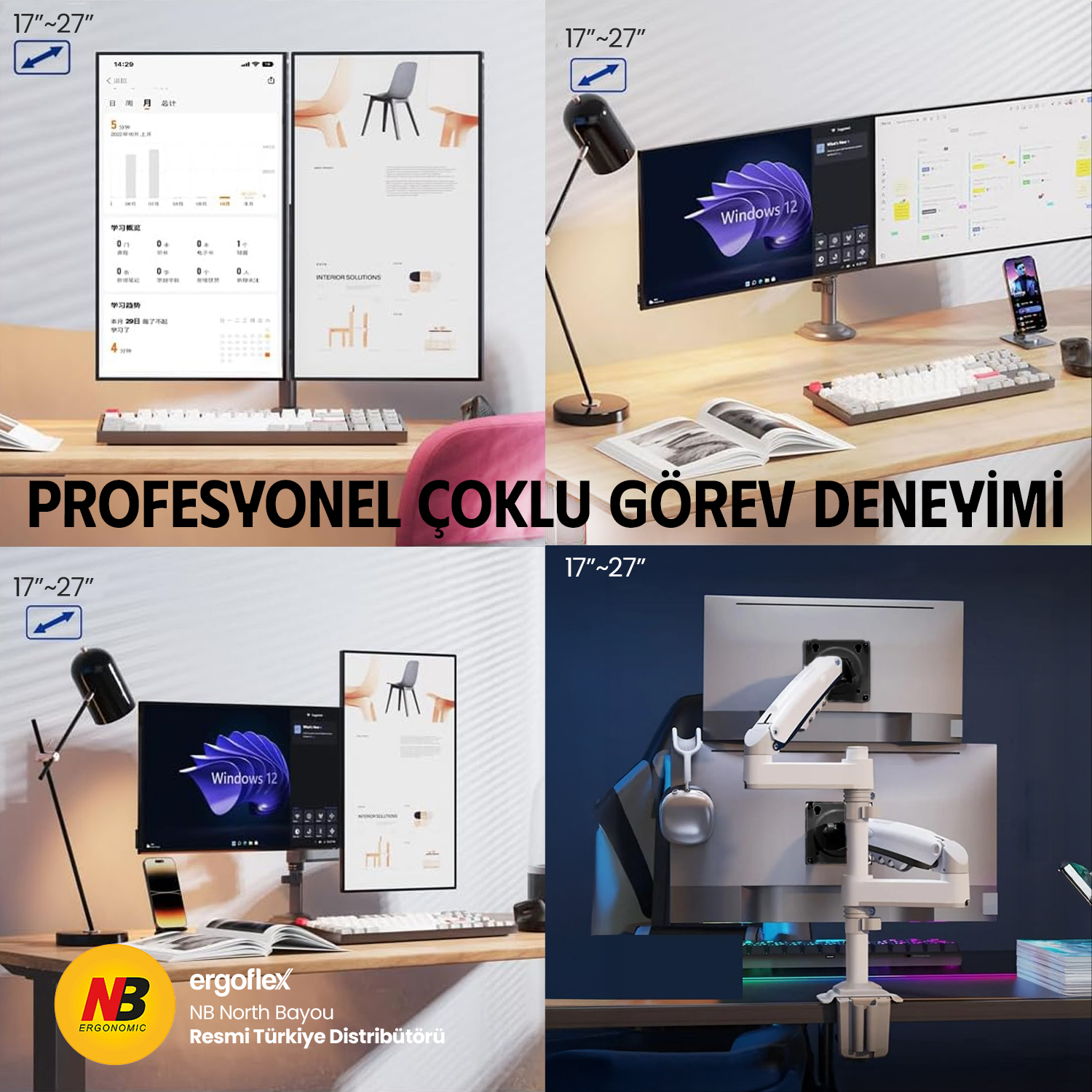 resimler/genel/NB Ergonomic NB H180 22-35inch Çift Kol Amortisörlü 2-9 kg Monitör Standı Beyaz