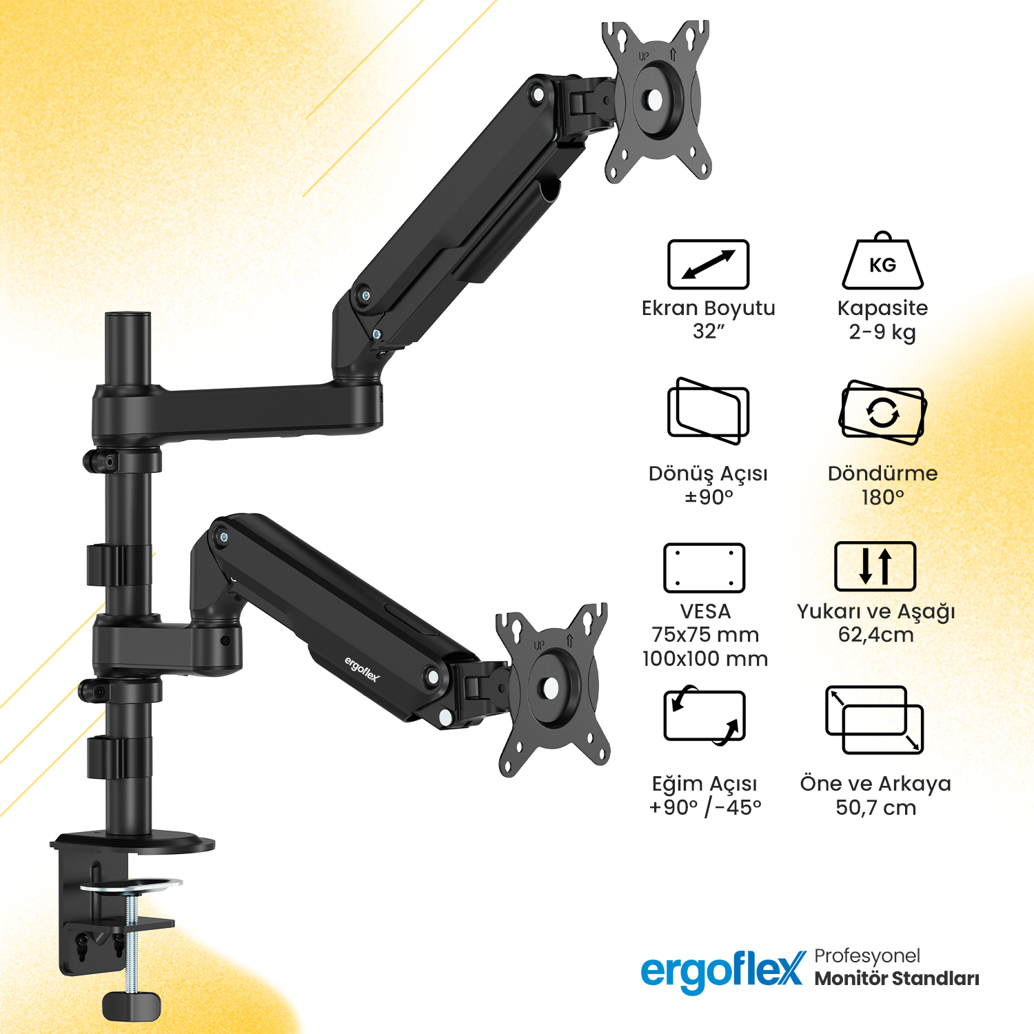 resimler/genel/Ergoflex S16 Çift Kol 22-35inch Amortisörlü 2-9 kg Monitör Standı 2026 Versiyon Gri