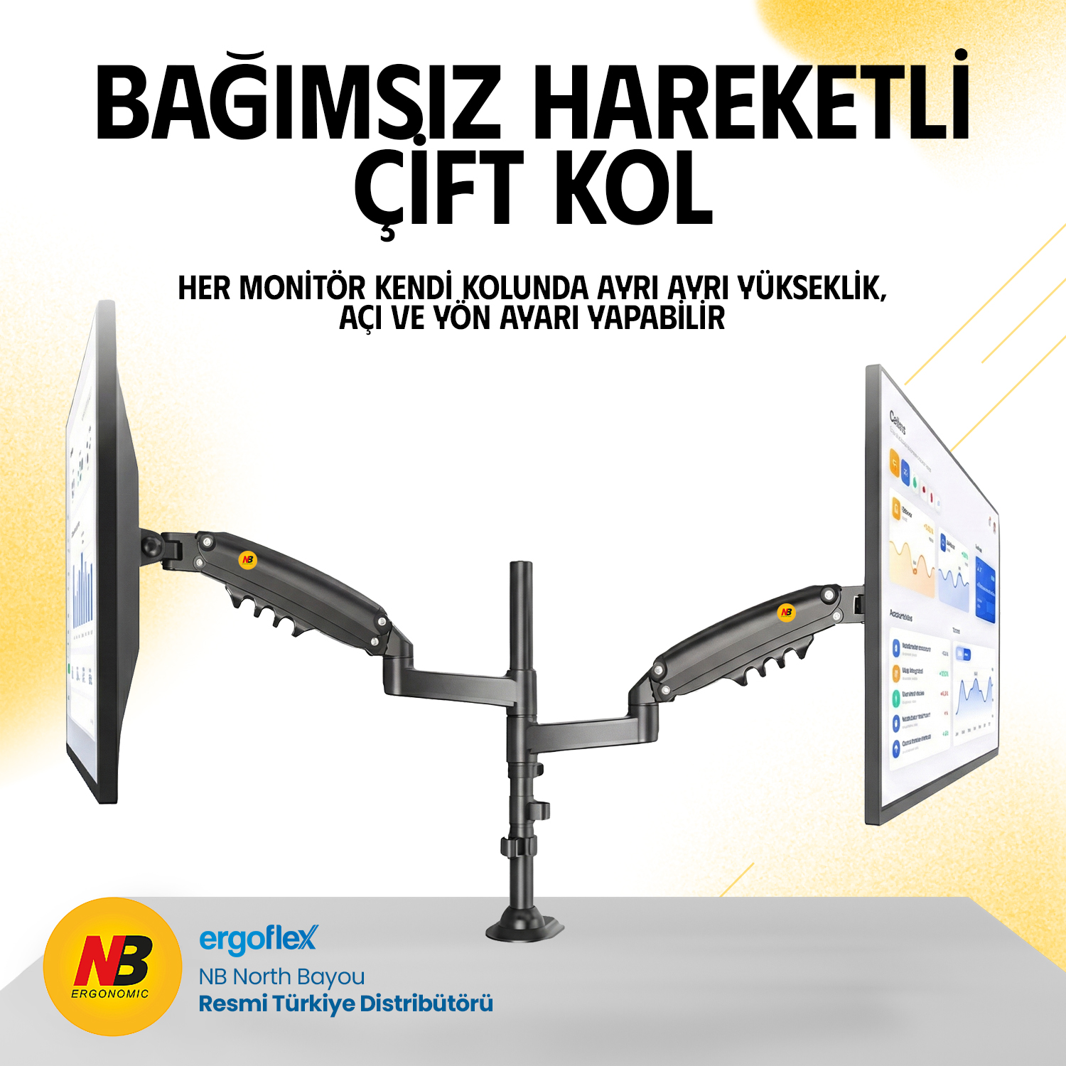 resimler/genel/NB Ergonomic NB H180 22-35inch Çift Kol Amortisörlü 2-9 kg Monitör Standı 2026 Versiyon Gri