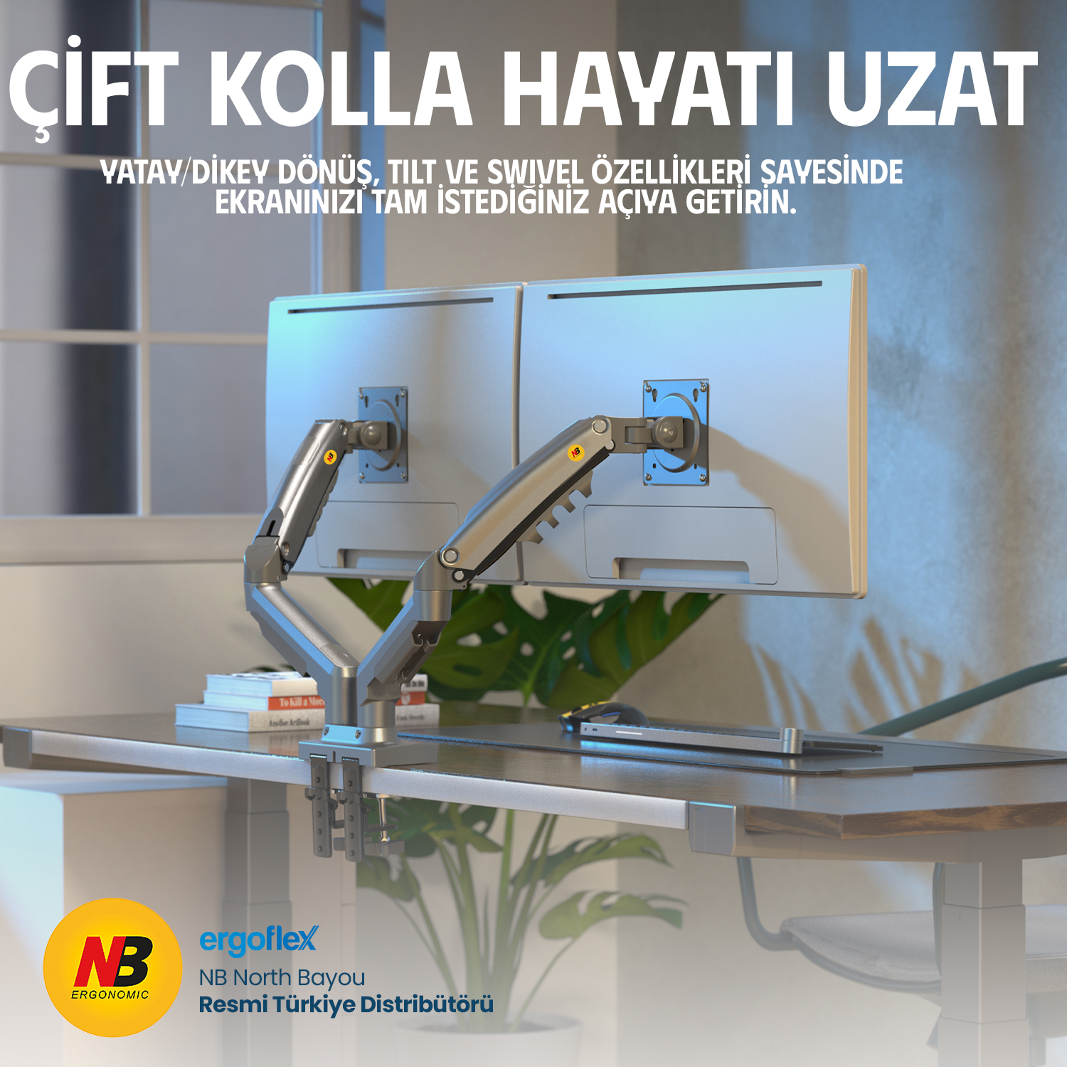 resimler/genel/NB Ergonomic NB F160 17-27 inch Çift Kol 2-9 kg Amortisörlü Monitör Standı 2026 Versiyon