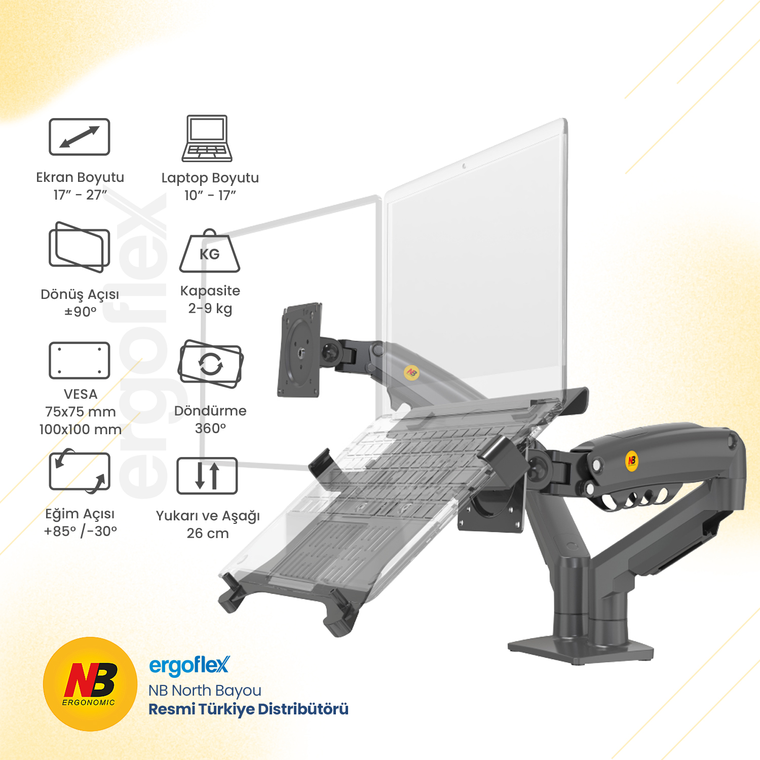 NB Ergonomic NB F160-FP Amortisörlü 17-27 Monitör Tutucu ve 10-17 Laptop Standı Koyu Gri