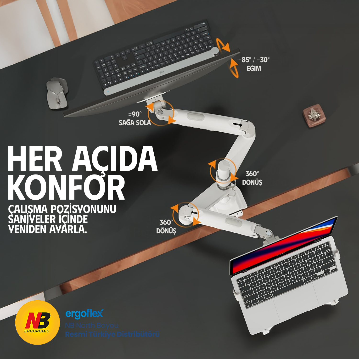 resimler/genel/NB Ergonomic NB H180-FP Amortisörlü 17-27 Monitör Tutucu ve 10-17 Laptop Standı Beyaz