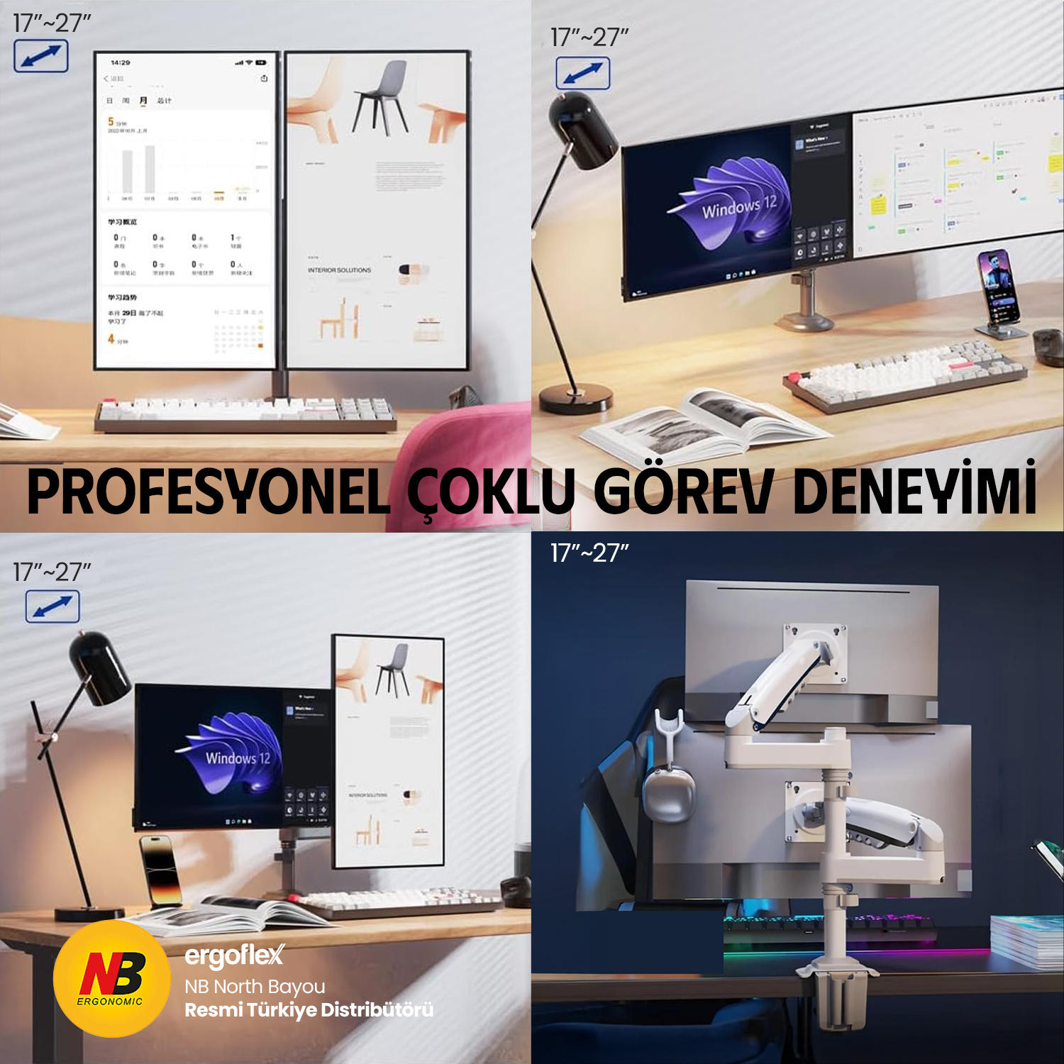resimler/genel/NB Ergonomic NB H180 17-27inch Çift Kol Amortisörlü 2-9 kg Monitör Standı Beyaz