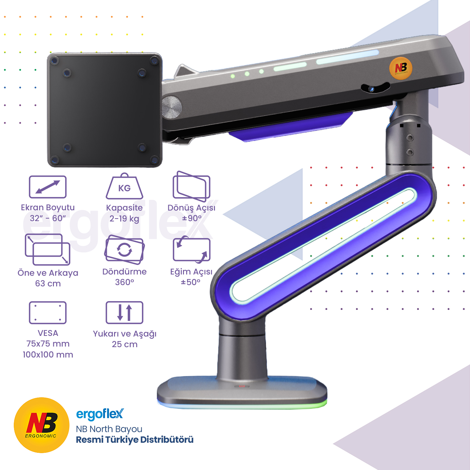 NB Ergonomic NB G70-Gaming , 32-60inch RGB Aydınlatmalı , Oyuncu Monitör Standı