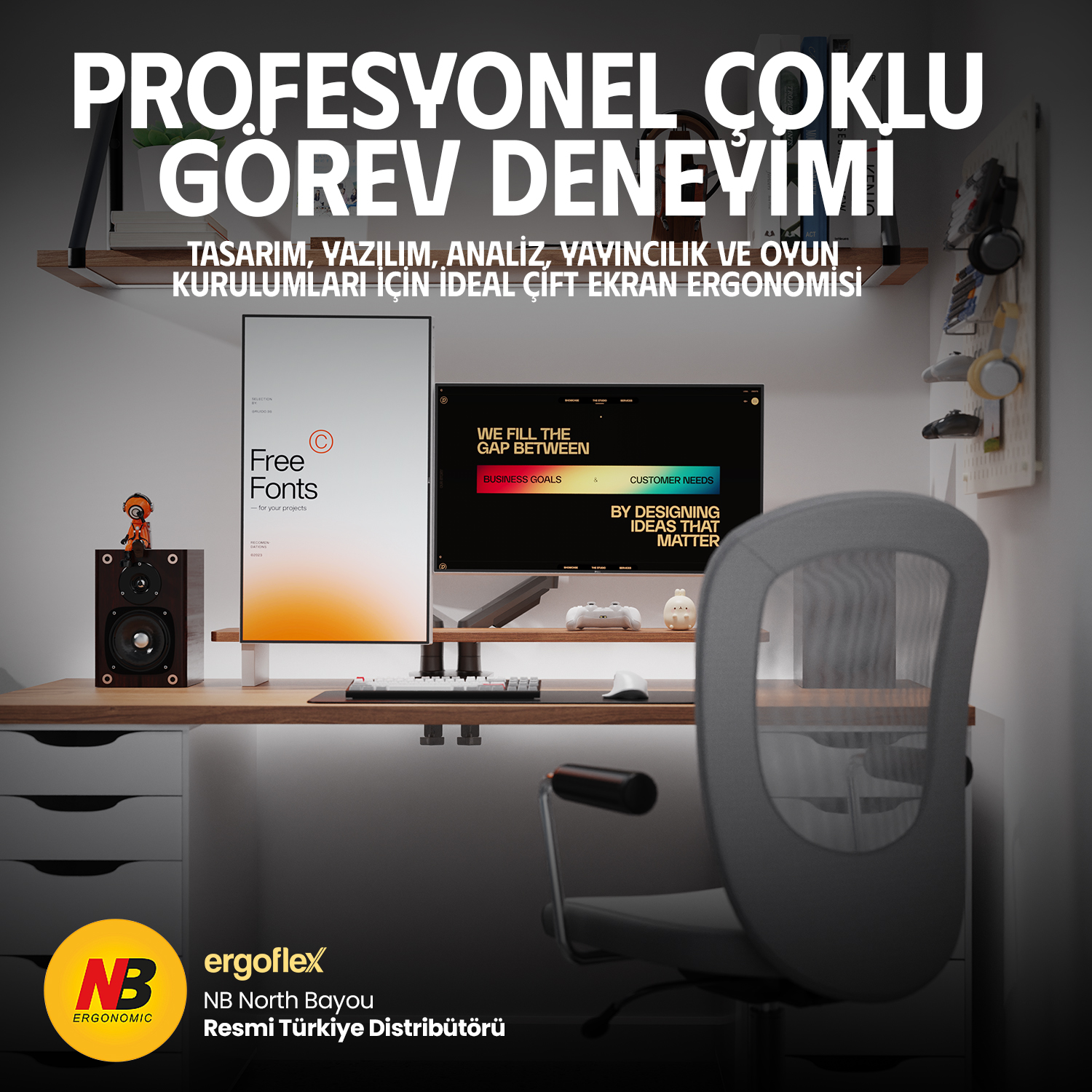 resimler/genel/NB Ergonomic NB F160 17-32 inch Çift Kol 2-9 kg Amortisörlü Monitör Standı 2026 Versiyon