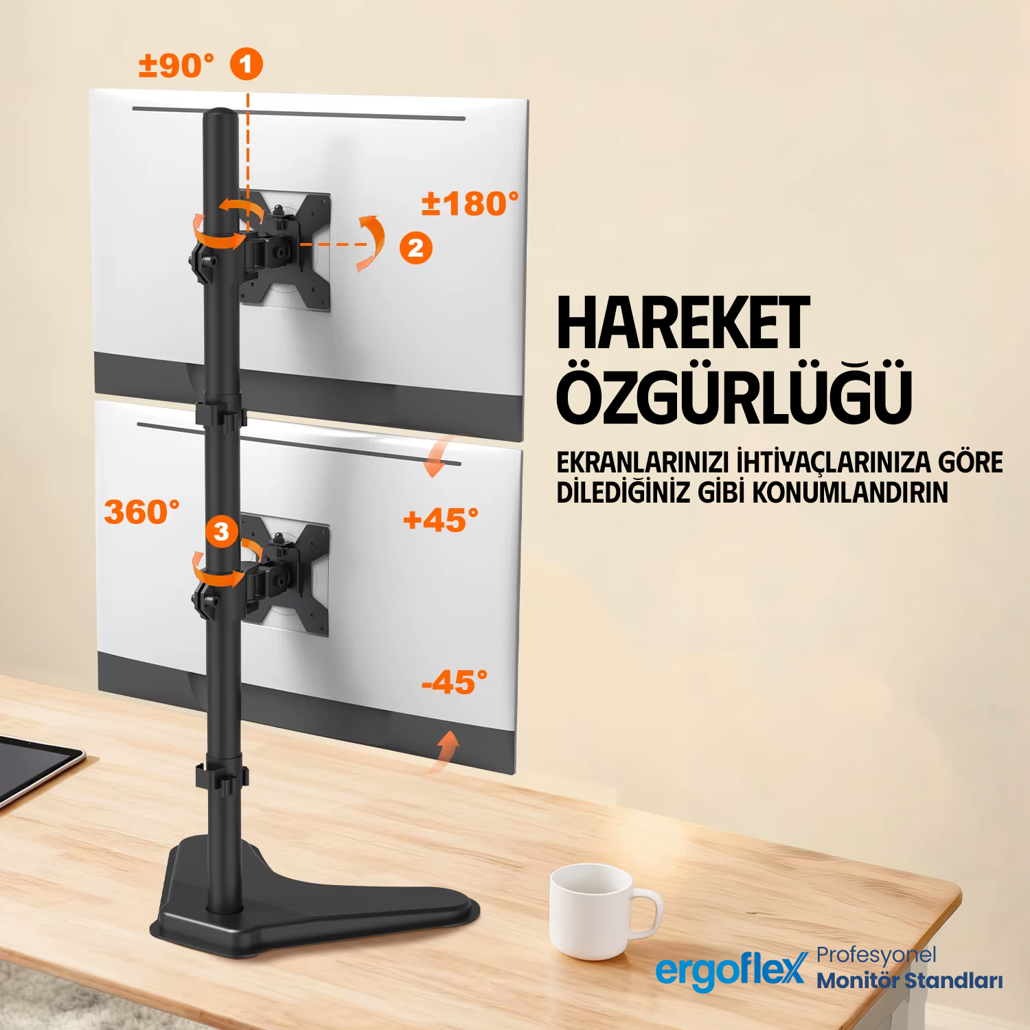 resimler/genel/Ergoflex EF73 13-27inch Çift Kol Asansörlü 2-8 kg Masaüstü Monitör Standı