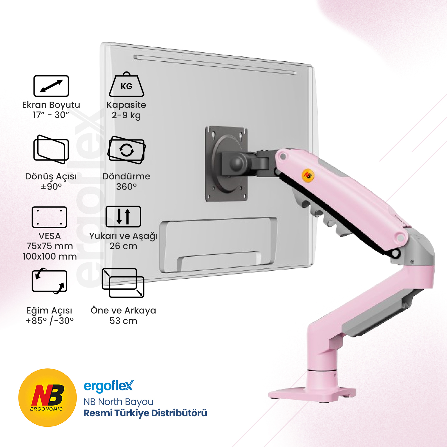 North Bayou Nb F80 Pembe 17-30 Amortisörlü 2-9 kg Monitör Standı