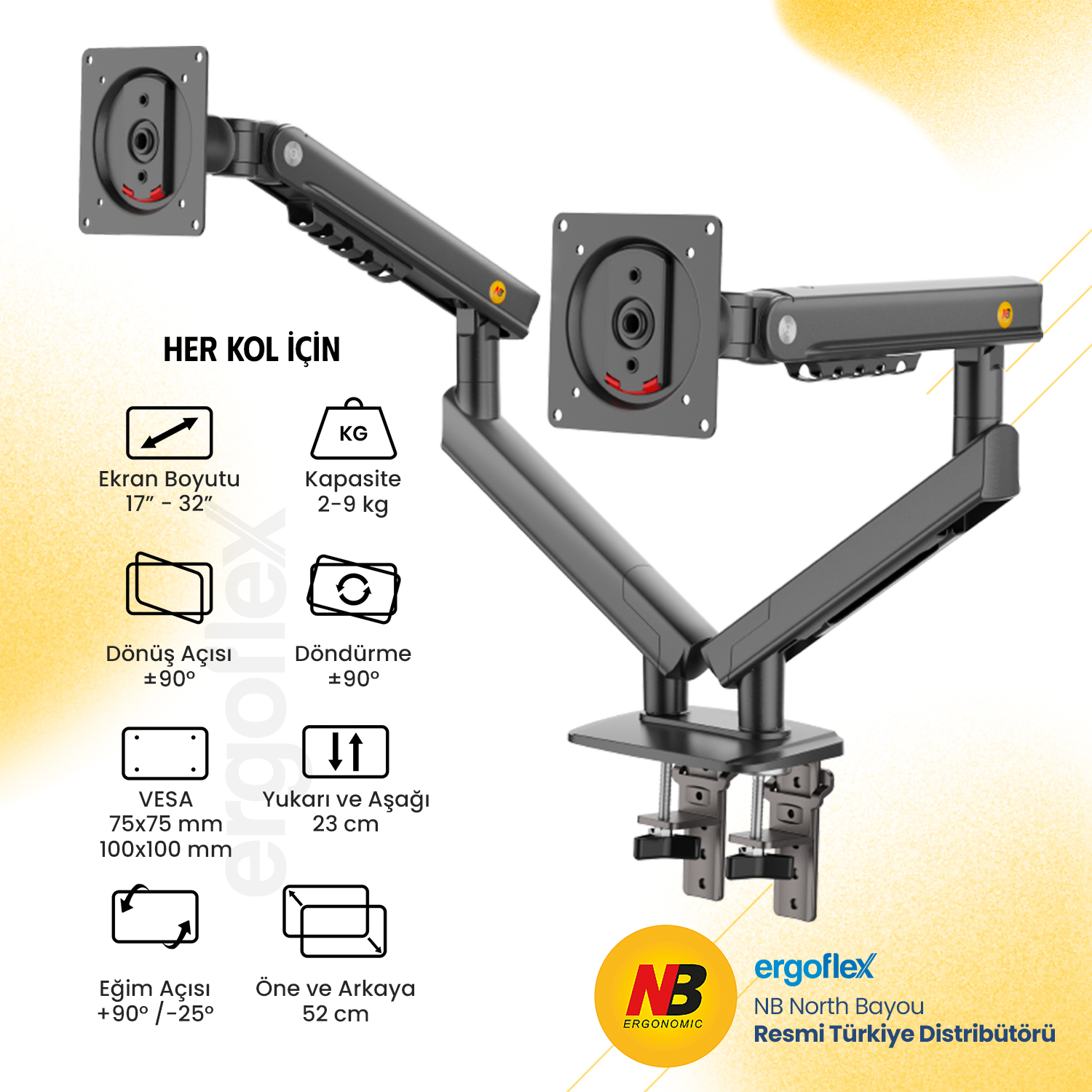 resimler/genel/NB Ergonomic NB A5C 17-32 inch Çift Kol 2-9 kg Monitör Standı 2026 Versiyon