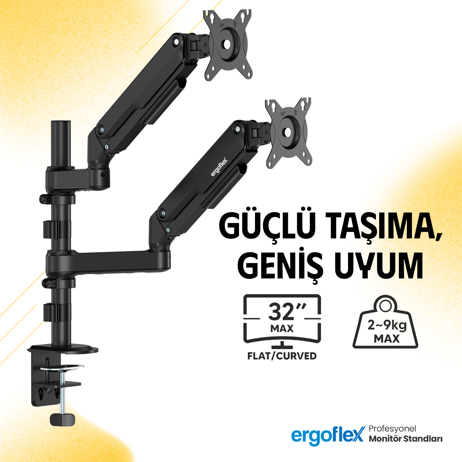 resimler/genel/Ergoflex S16 Çift Kol 22-35inch Amortisörlü 2-9 kg Monitör Standı 2026 Versiyon Gri