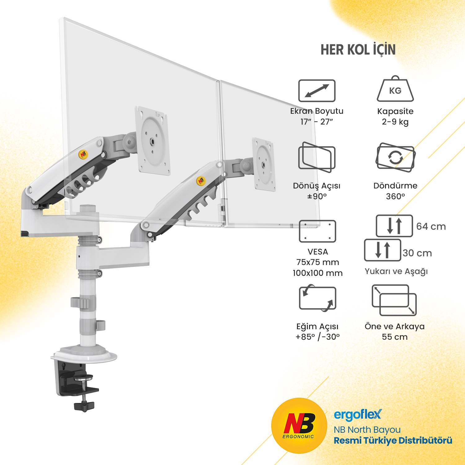 resimler/genel/NB Ergonomic NB H180 17-27inch Çift Kol Amortisörlü 2-9 kg Monitör Standı Beyaz