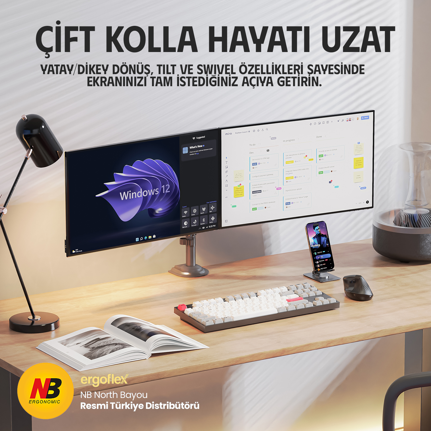 resimler/genel/NB Ergonomic NB H180 22-35inch Çift Kol Amortisörlü 2-9 kg Monitör Standı 2026 Versiyon Gri