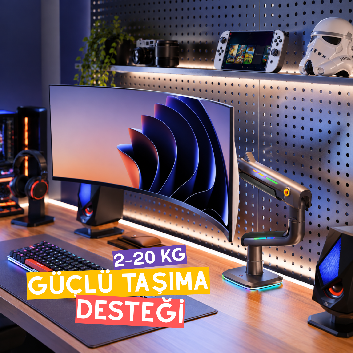 resimler/genel/NB Ergonomic NB F5-Gaming , 32-60inch 2-20 Kg RGB aydınlatma Profesyonel Oyuncu Monitör Standı