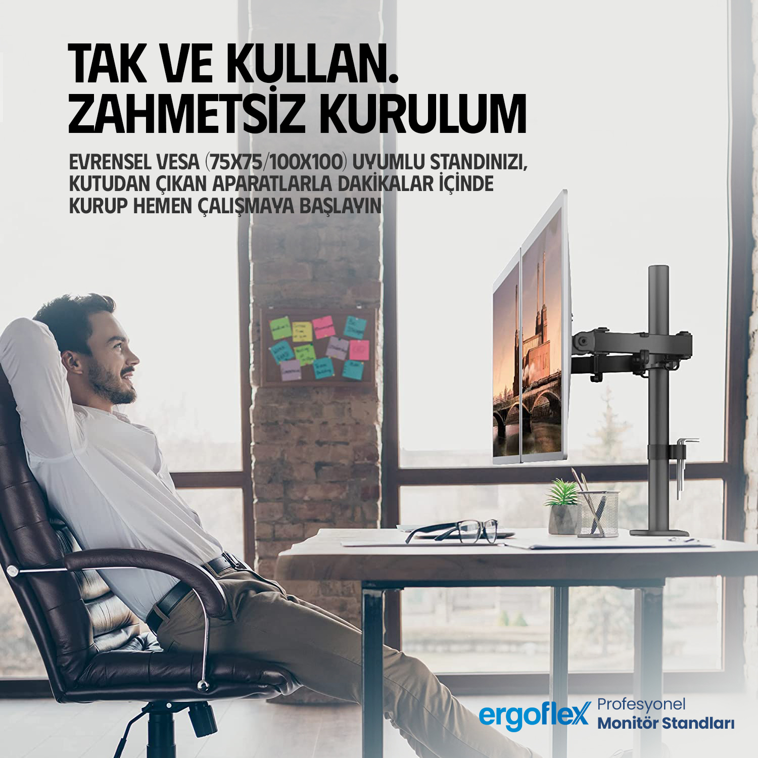 resimler/genel/Ergoflex EF52 13-27inch Çift Kol Asansörlü 2-8 kg Monitör Standı
