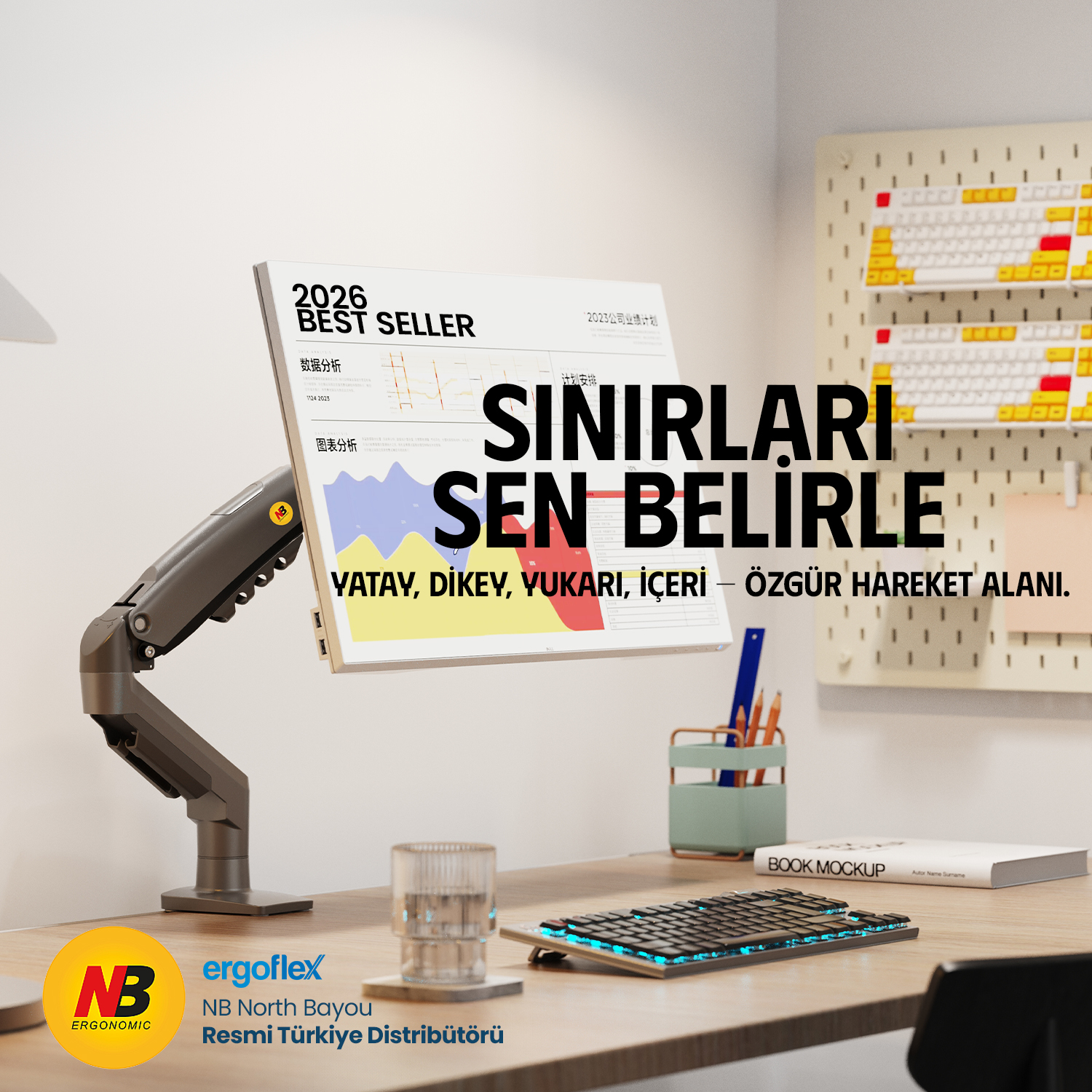 resimler/genel/North Bayou Desk Pro Bundle – NB F80 2026 Versiyon Ergonomik Monitör Standı + Ergoflex EF-354 Uzaktan Kumandalı Monitör Işık Çubuğu