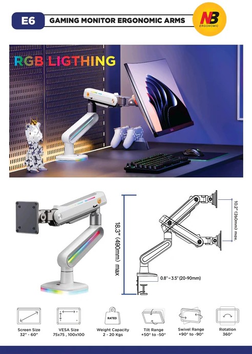 resimler/genel/NB Ergonomic NB E6-Gaming Beyaz, 32-60inch 20 KG RGB Aydinlatmali , Oyuncu Monitör Standı