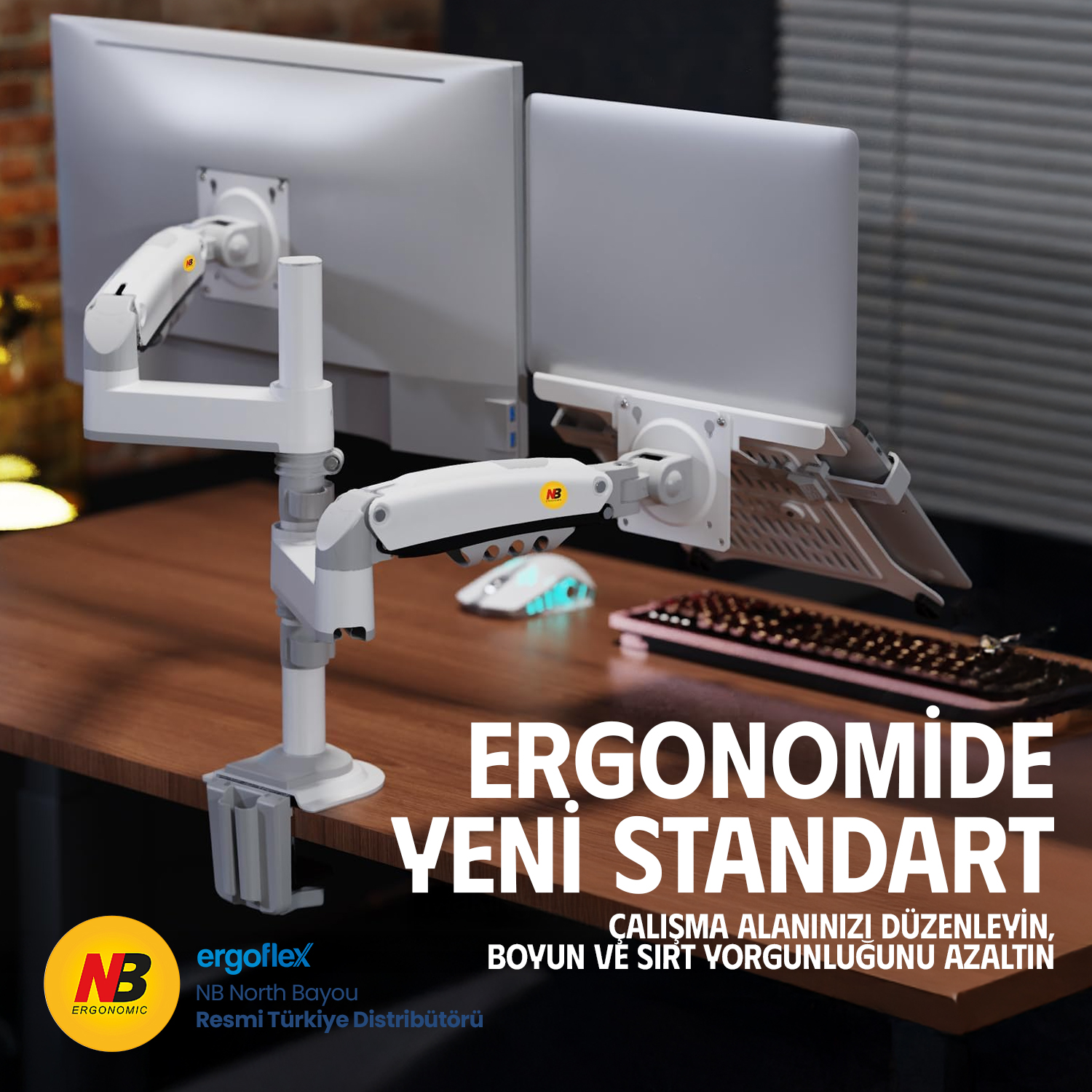 resimler/genel/NB Ergonomic NB H180-FP Amortisörlü 17-27 Monitör Tutucu ve 10-17 Laptop Standı Beyaz