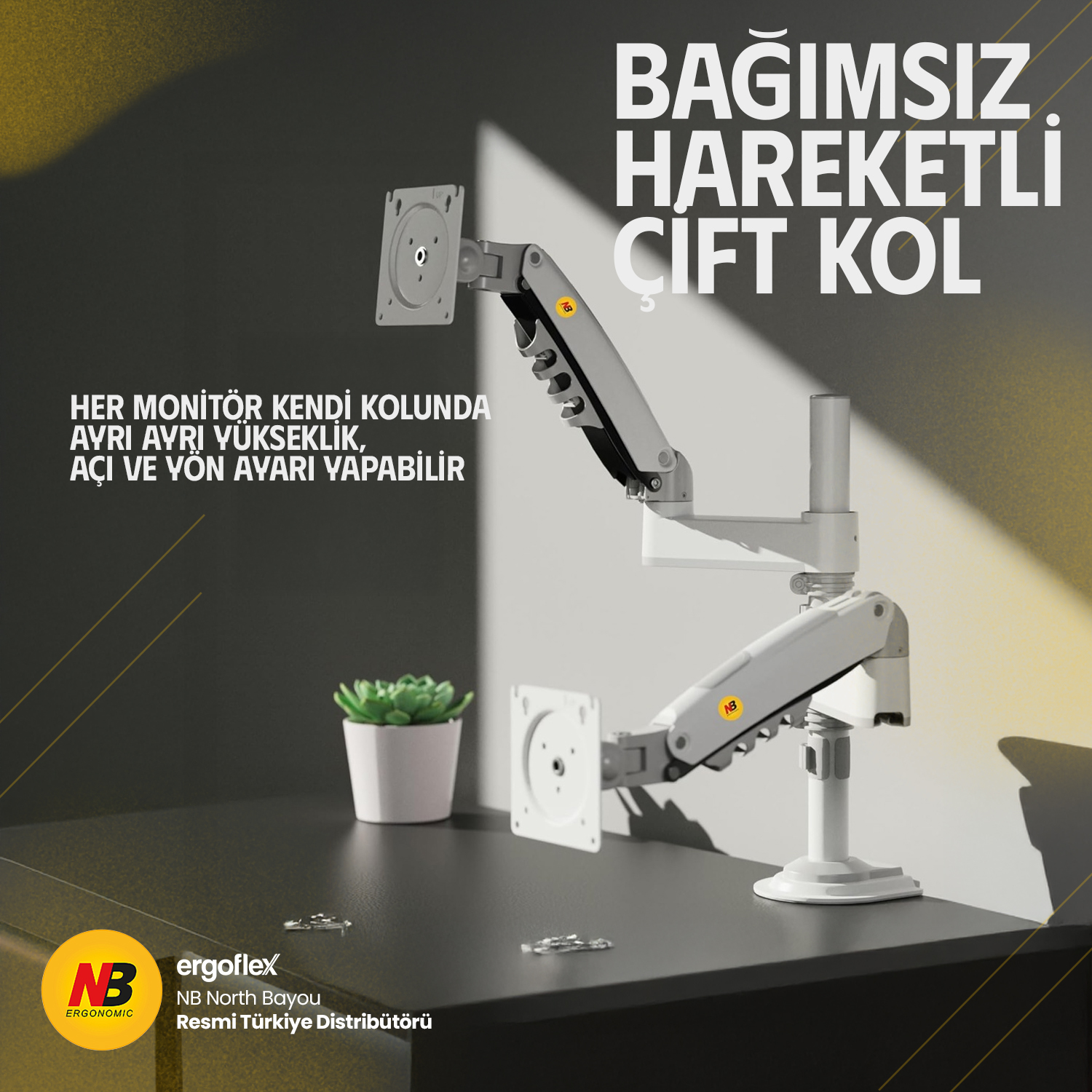 resimler/genel/NB Ergonomic NB H180 17-27inch Çift Kol Amortisörlü 2-9 kg Monitör Standı Beyaz