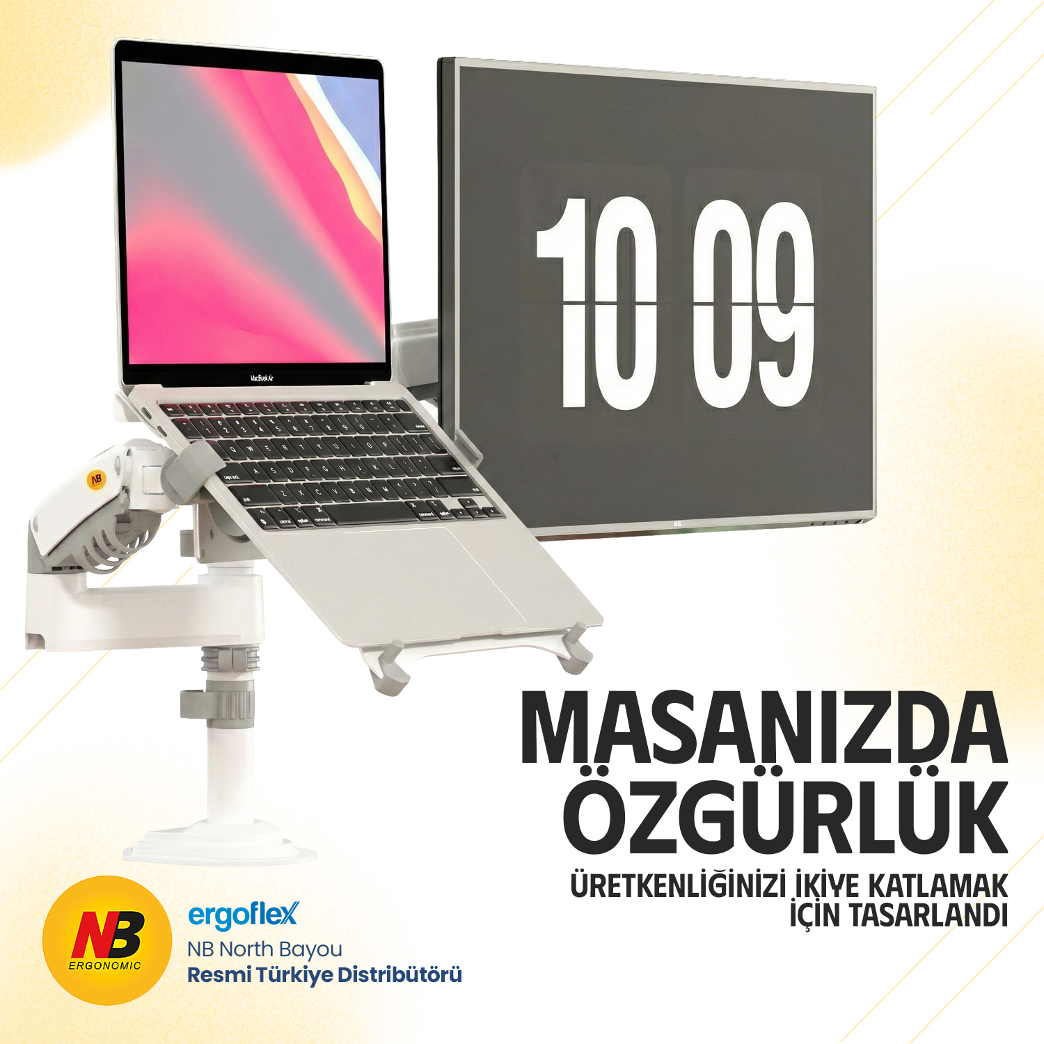 resimler/genel/NB Ergonomic NB H180-FP Amortisörlü 17-27 Monitör Tutucu ve 10-17 Laptop Standı Beyaz