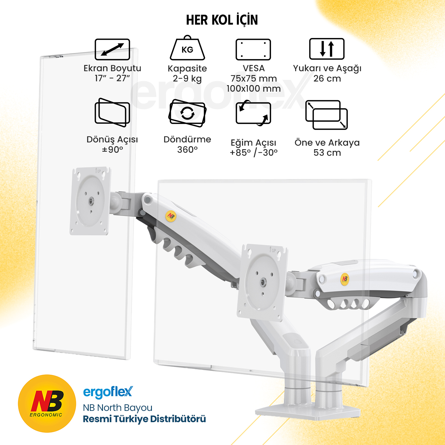 NB Ergonomic NB F160 17-27inch Cift Kol 2-9 kg Amortisorlu Monitor Standı Beyaz