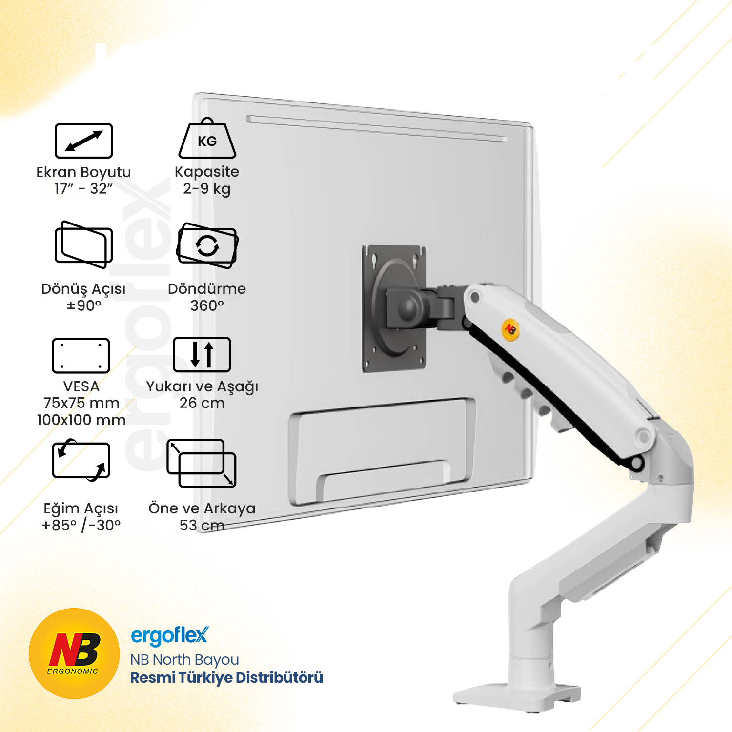 NB Ergonomic NB F80 17-32inch Amortisörlü 2-9 kg Monitör Standı 2026 Versiyon Beyaz