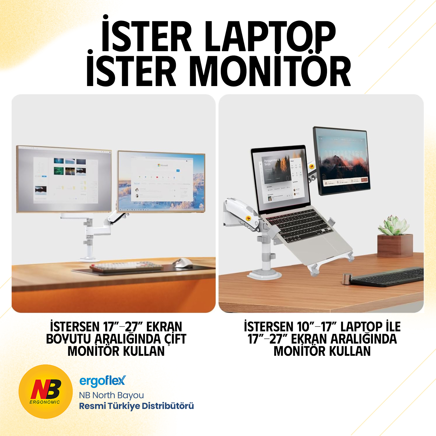 resimler/genel/NB Ergonomic NB H180-FP Amortisörlü 17-27 Monitör Tutucu ve 10-17 Laptop Standı Beyaz