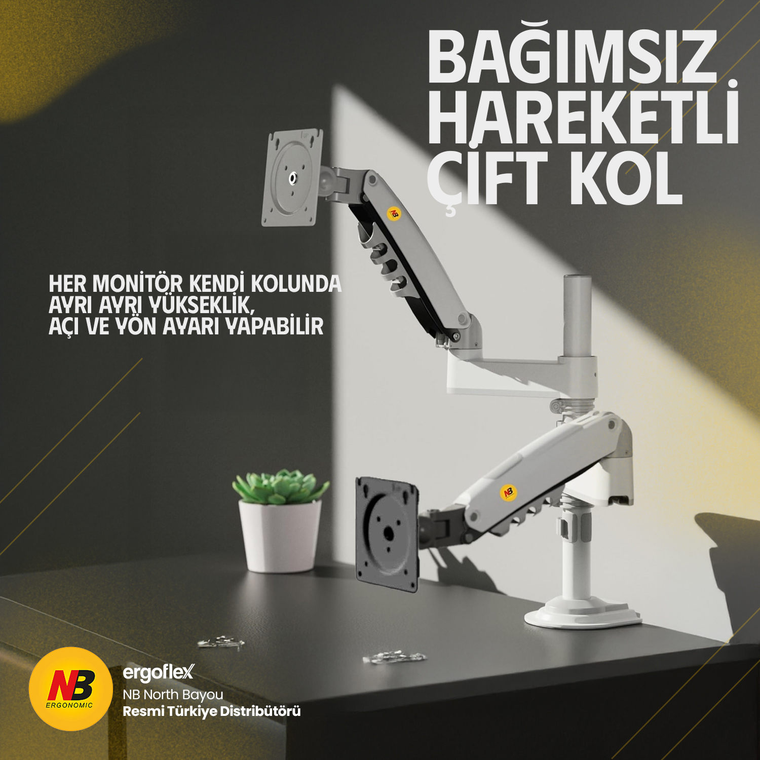 resimler/genel/NB Ergonomic NB H180 22-35inch Çift Kol Amortisörlü 2-9 kg Monitör Standı Beyaz