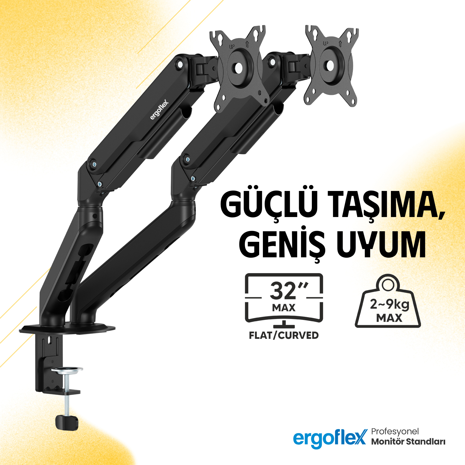 resimler/genel/Ergoflex X16 Çift Kol  17-32 inch 2-9 kg Amortisörlü Monitör Standı 2026 Versiyon