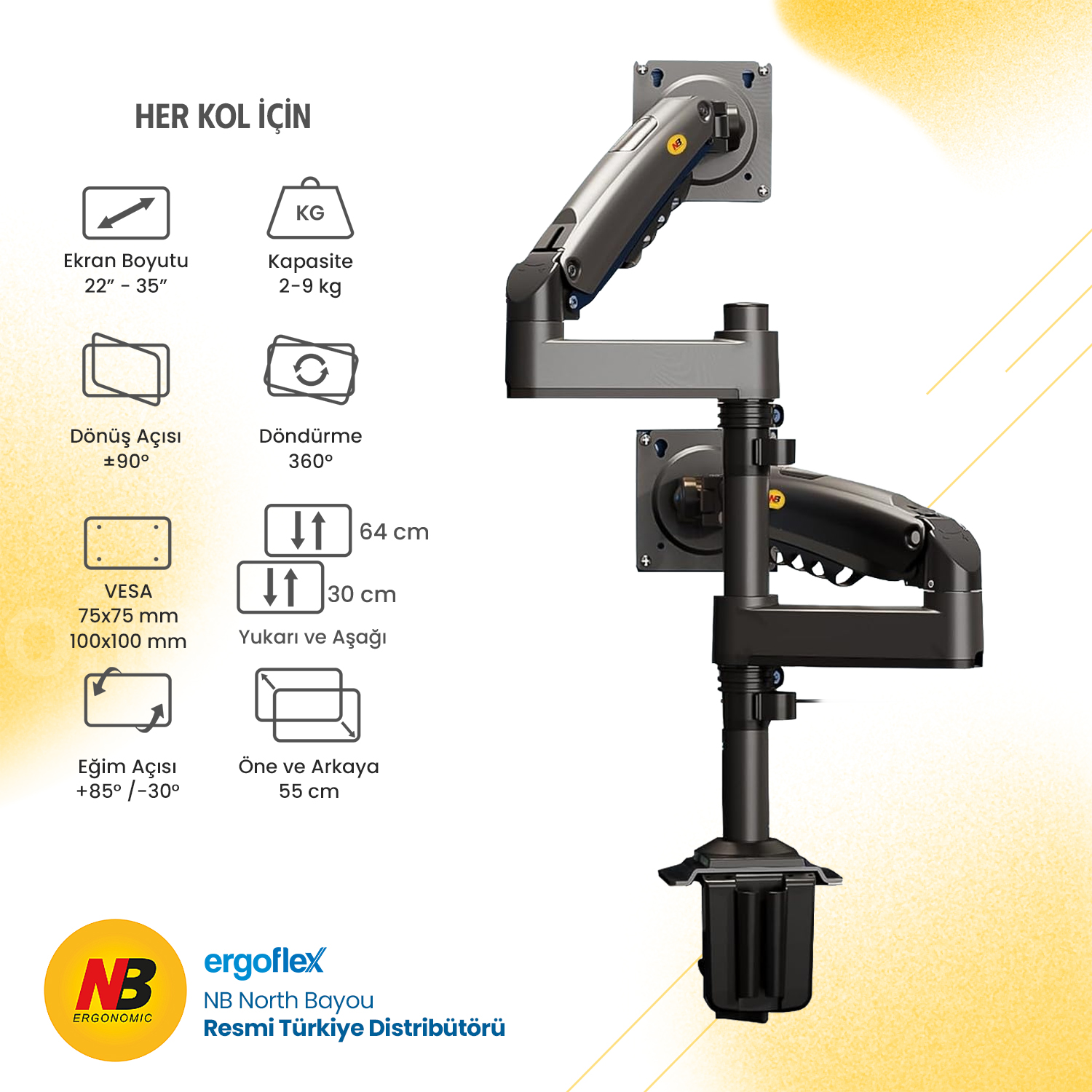 NB North Bayou H180 YENİ Gri 22-35 Çift Kol Amortisörlü 2-9 kg Monitör Standı 2026 Versiyon
