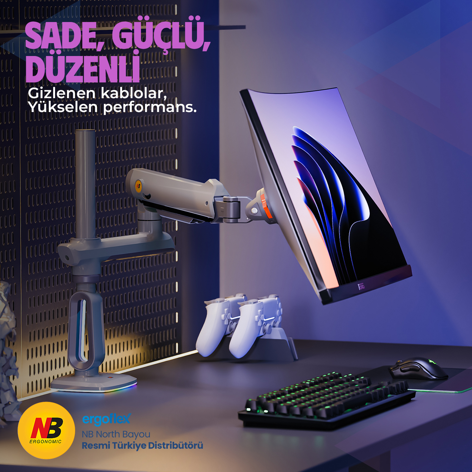 NB Ergonomic V8-Gaming , 32-60'' 20 KG RGB Aydinlatmali , Oyuncu Monitör Standı
