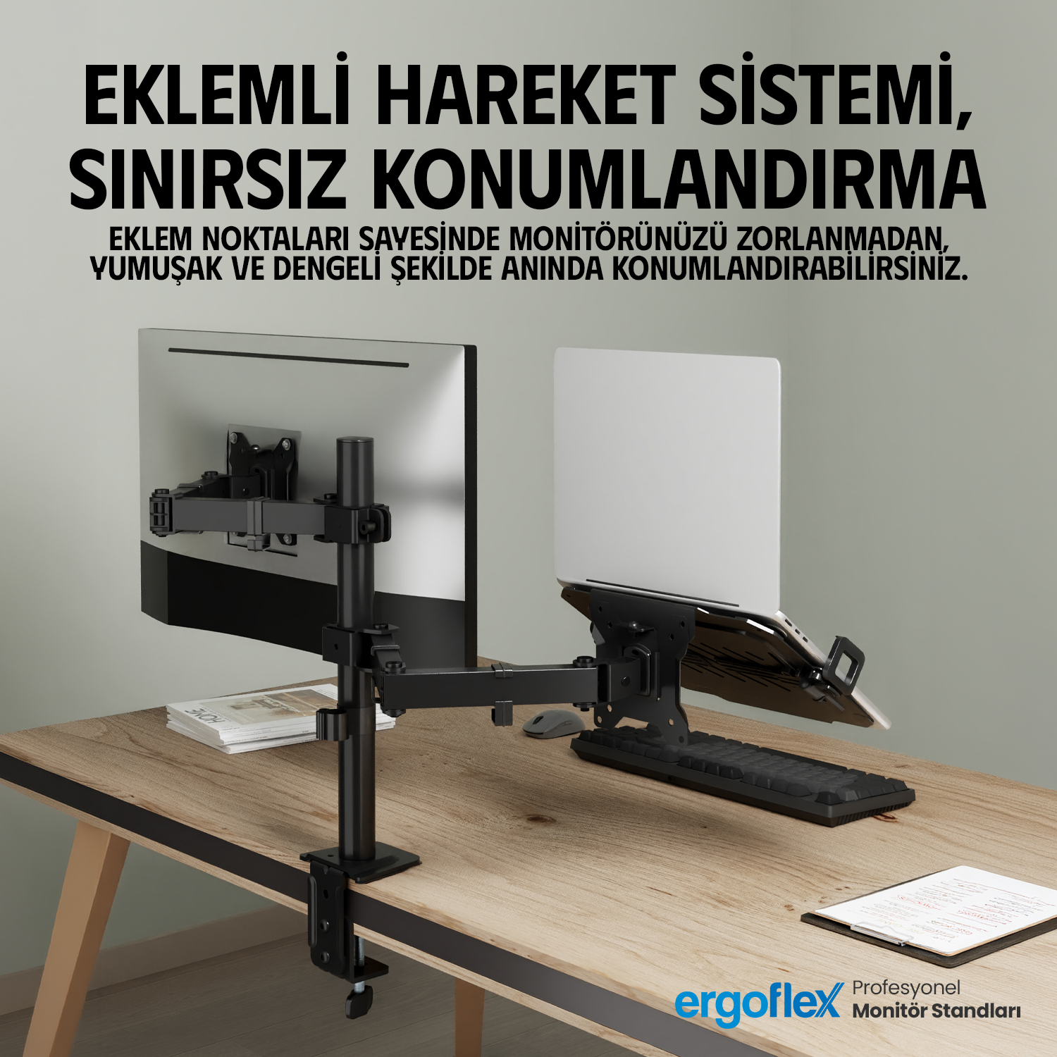 resimler/genel/Ergoflex A74L Amortisörlü 17-27 Monitör Tutucu ve 10-17 Laptop Standı