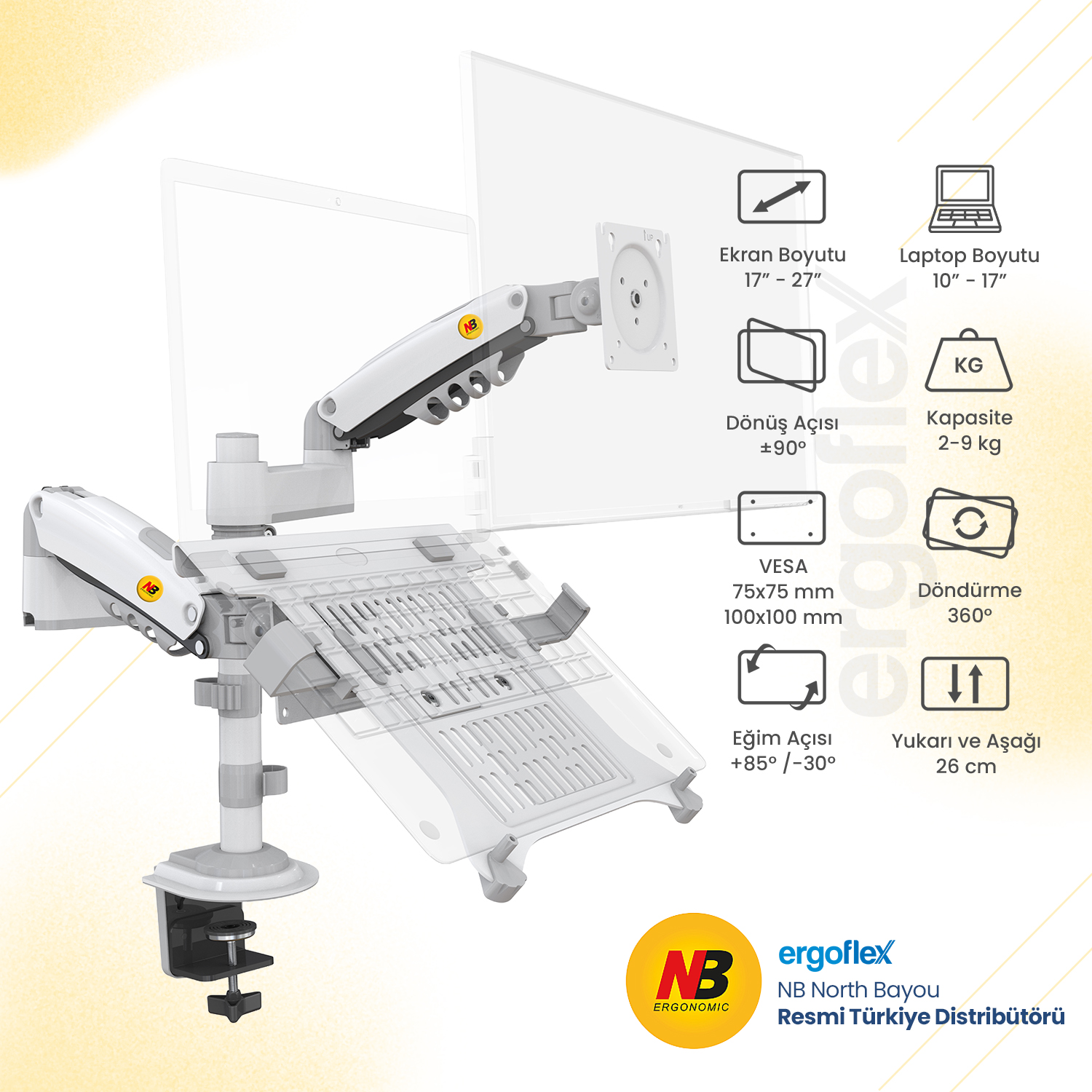 NB Ergonomic NB H180-FP Amortisörlü 17-27 Monitör Tutucu ve 10-17 Laptop Standı Beyaz