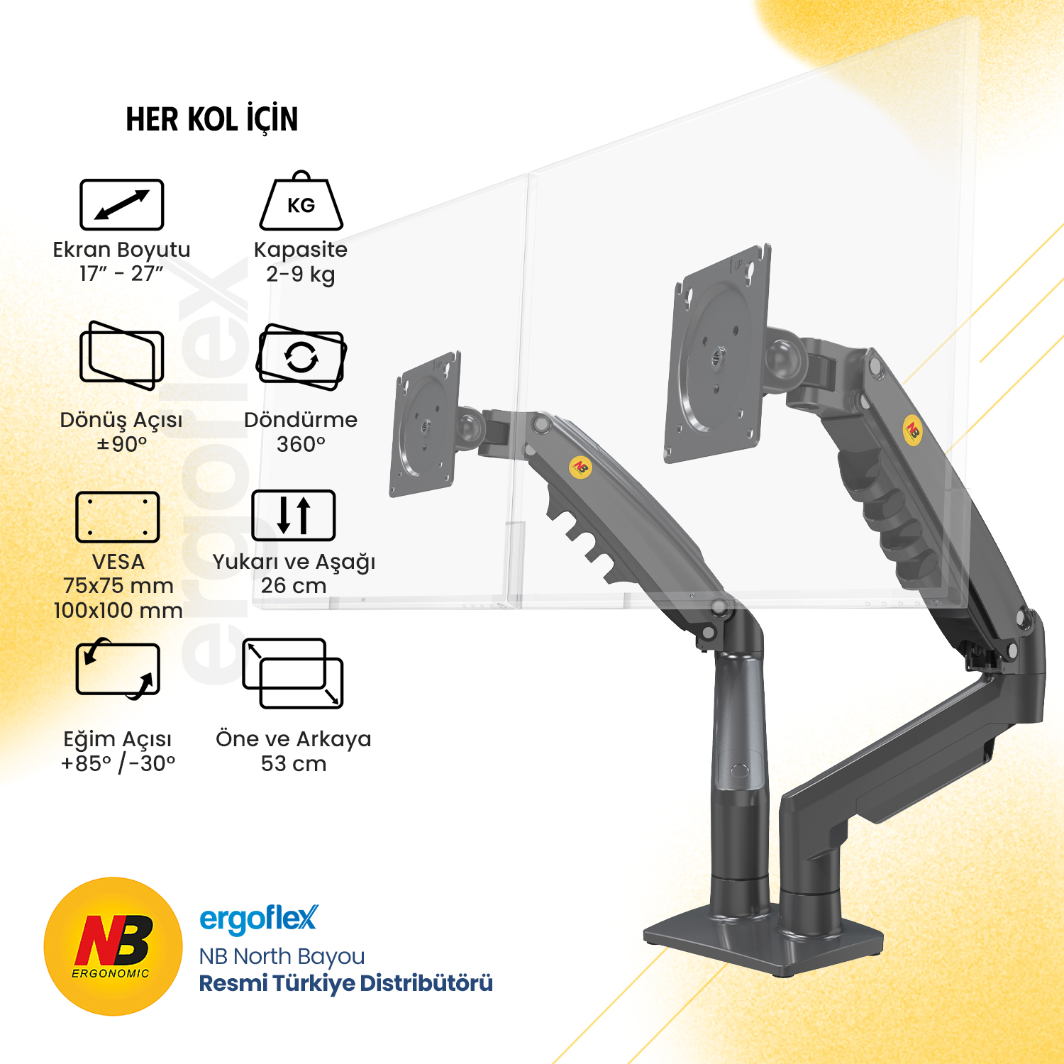 resimler/genel/NB Ergonomic NB F160 17-27 inch Çift Kol 2-9 kg Amortisörlü Monitör Standı 2026 Versiyon