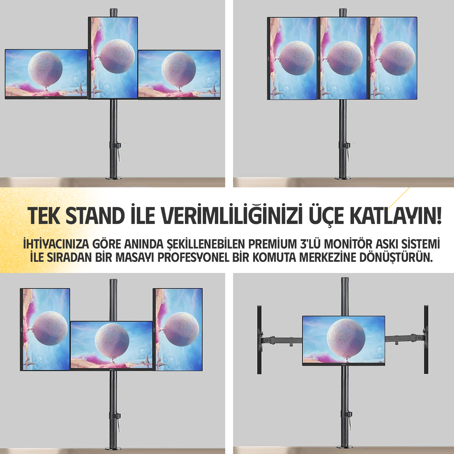 Ergoflex EF53 13-27inch Üç Kol Asansörlü 2-8 kg Monitör Standı