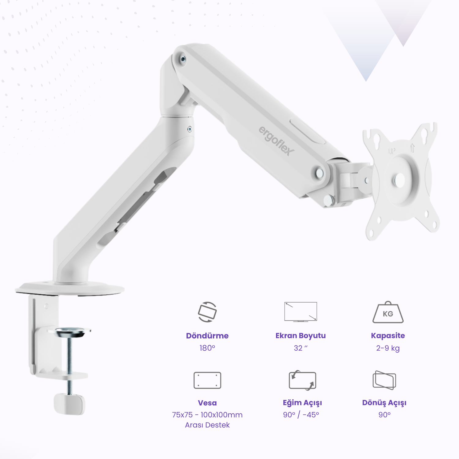 Ergoflex EF X8 Beyaz 17-32inch Uyumlu Amortisörlü 2-9 kg Monitör Standı 2026 Versiyon