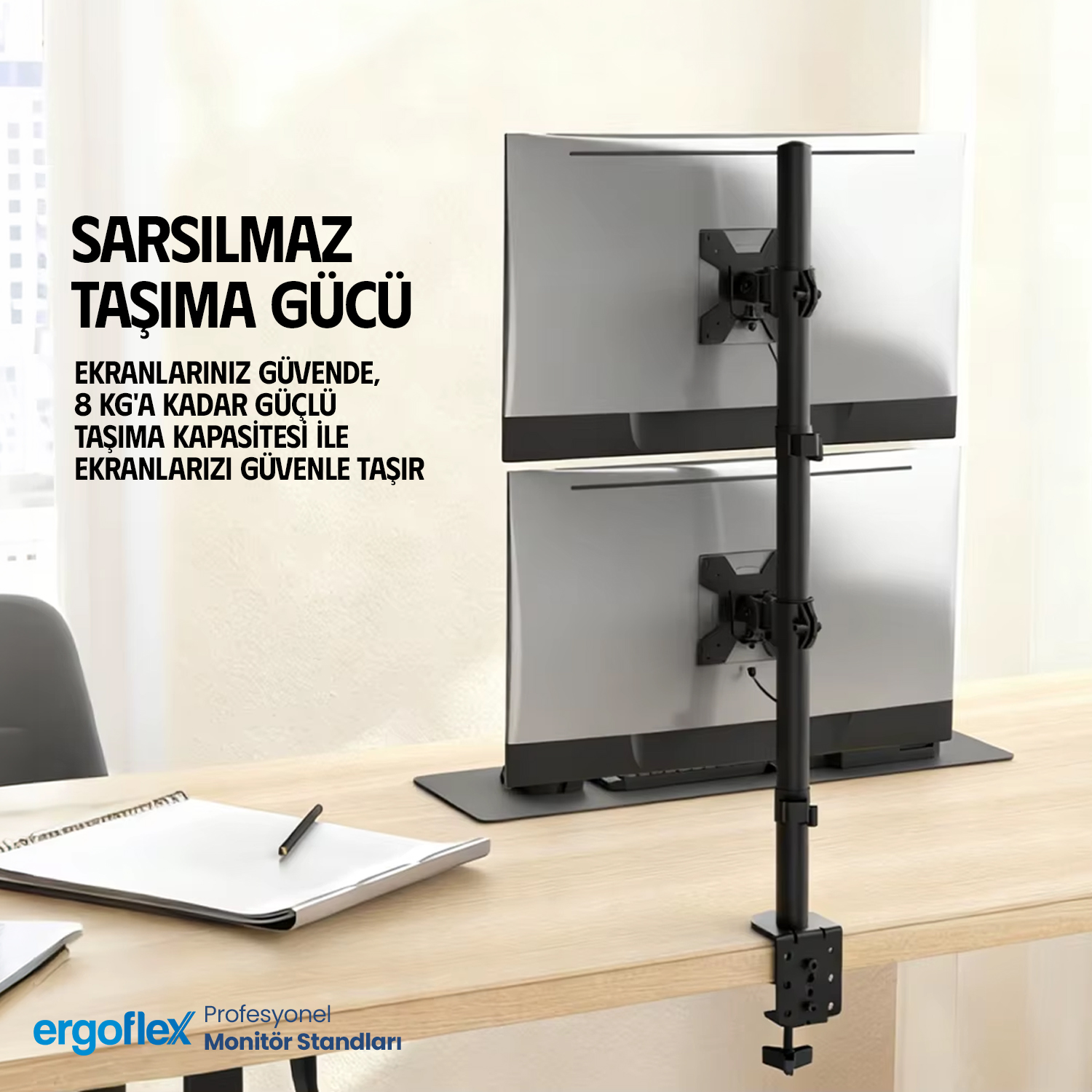 resimler/genel/Ergoflex EF63 13-27inch Çift Kol Asansörlü 2-8 kg Monitör Standı