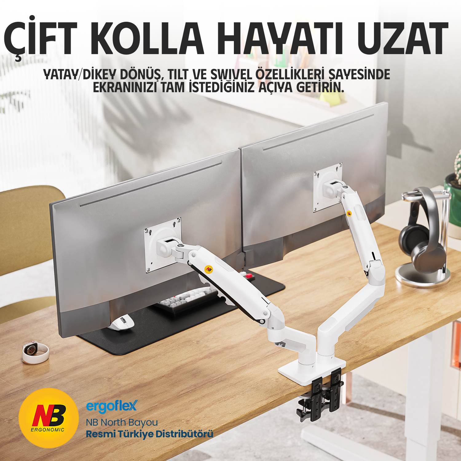 resimler/genel/NB Ergonomic NB F160 17-27inch Cift Kol 2-9 kg Amortisorlu Monitor Standı Beyaz
