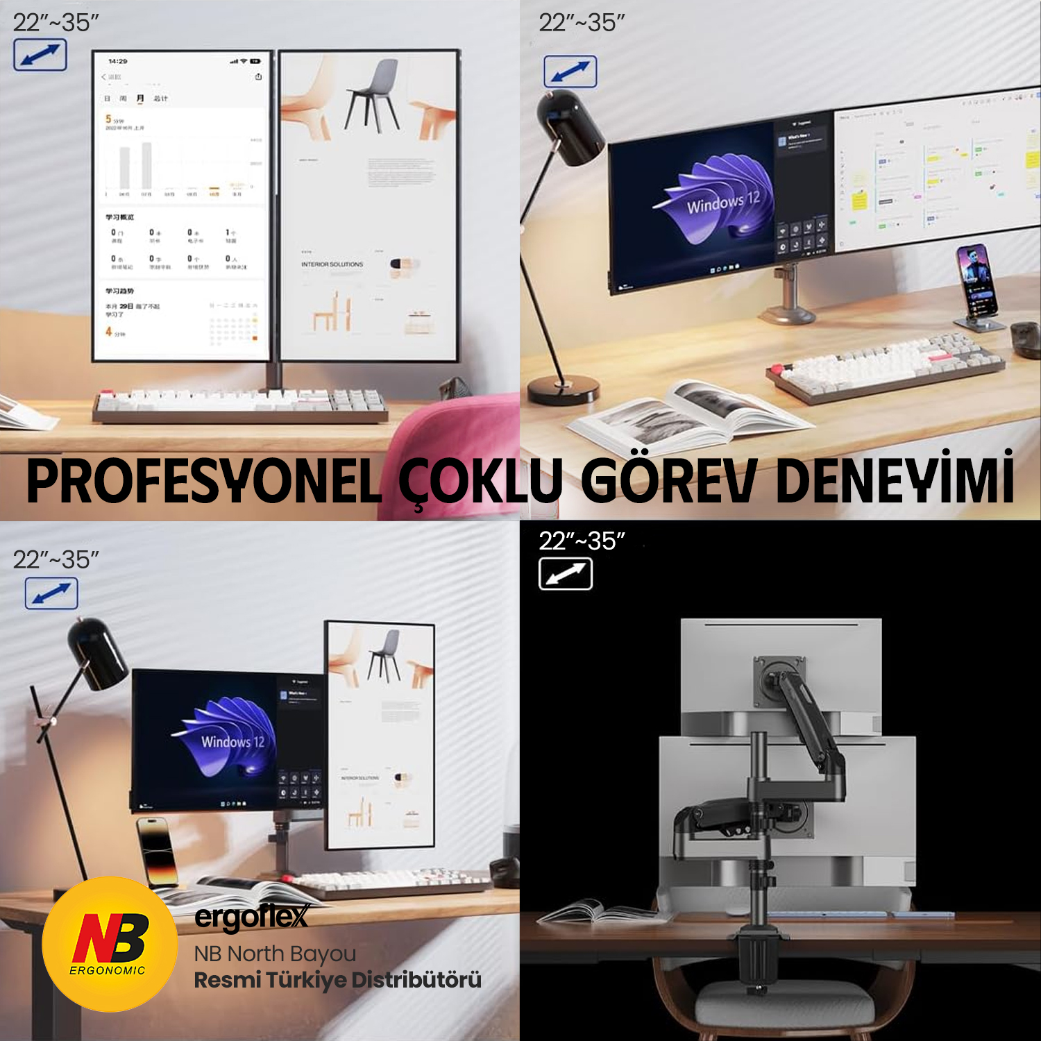 resimler/genel/NB Ergonomic NB H180 22-35inch Çift Kol Amortisörlü 2-9 kg Monitör Standı 2026 Versiyon Gri