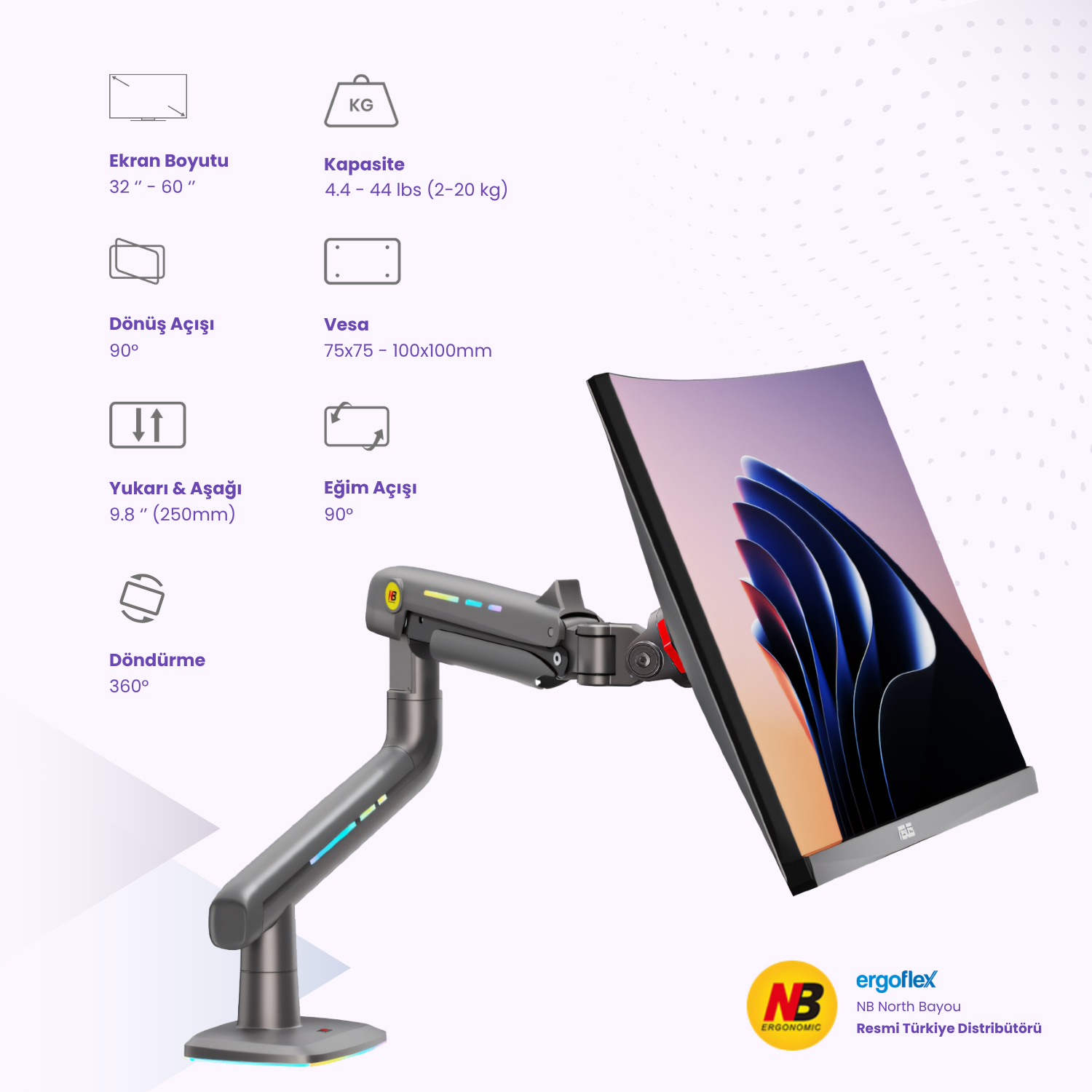 NB Ergonomic NB F5-Gaming , 32-60inch 2-20 Kg RGB aydınlatma Profesyonel Oyuncu Monitör Standı
