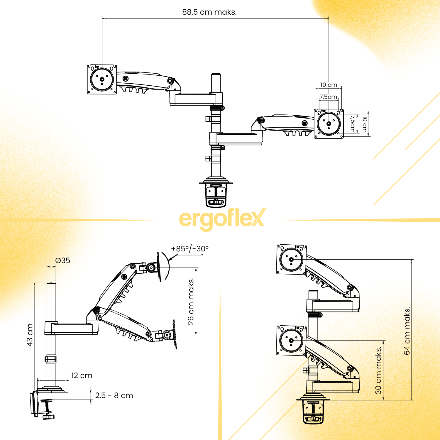 resimler/genel/NB Ergonomic NB H180 17-27inch Çift Kol Amortisörlü 2-9 kg Monitör Standı Beyaz