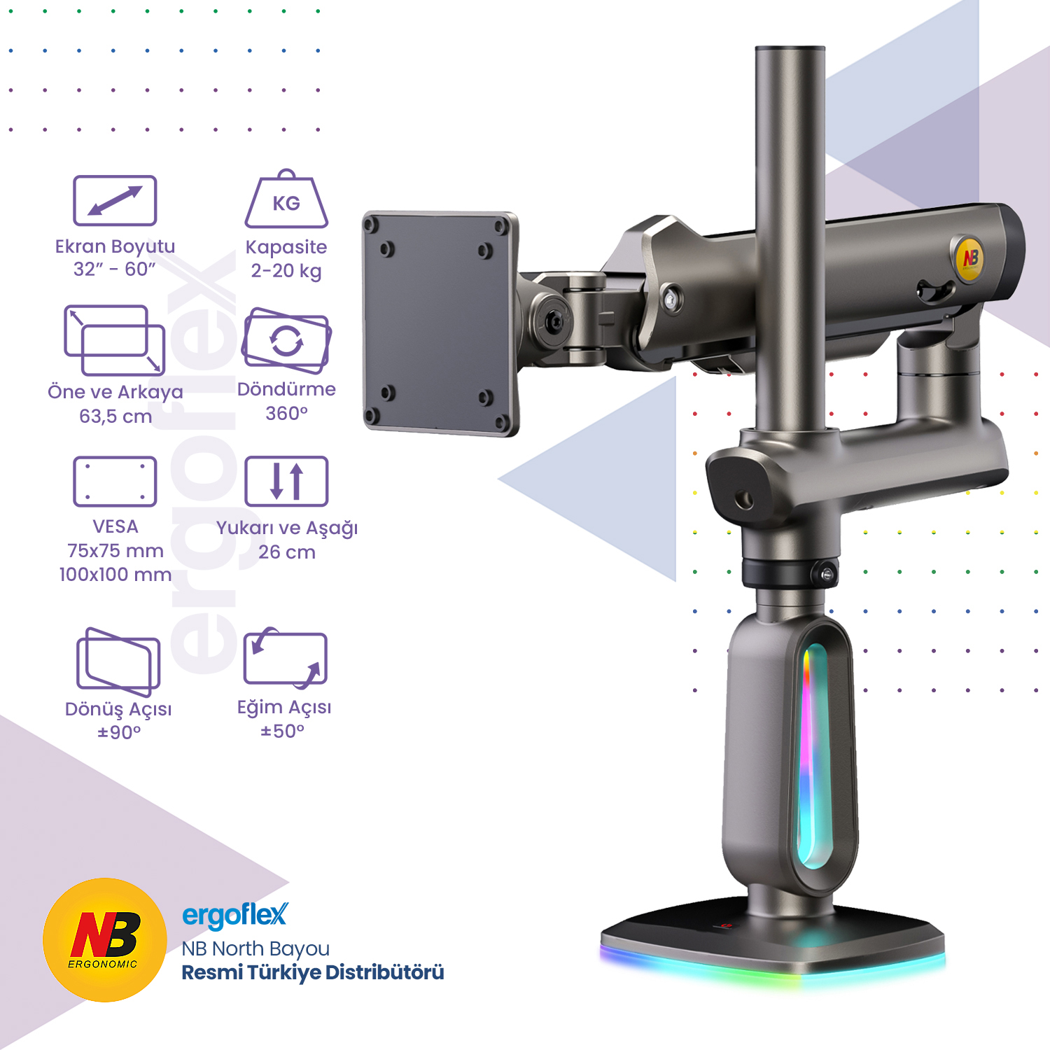 NB Ergonomic NB F7-Gaming , 32-60inch RGB aydınlatma Profesyonel Oyuncu Monitör Standı