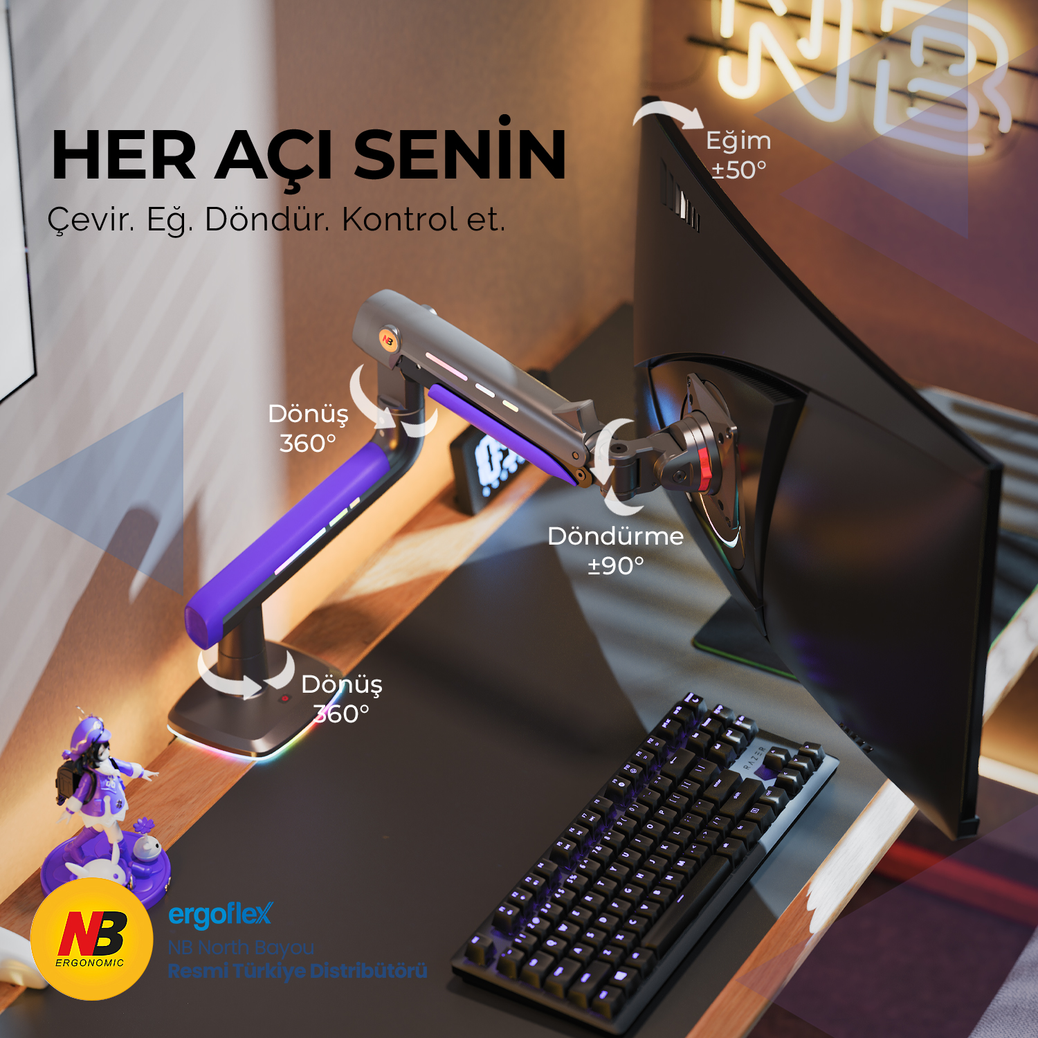 NB Ergonomic NB G60-Gaming , 32-60inch RGB Aydınlatmalı , Oyuncu Monitör Standı