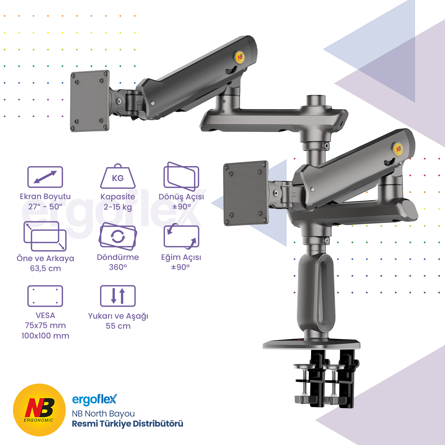 resimler/genel/NB Ergonomic NB D9C 27-50 inch Çift Kol 2-20 kg Profosyonel Gaming Monitör Standı
