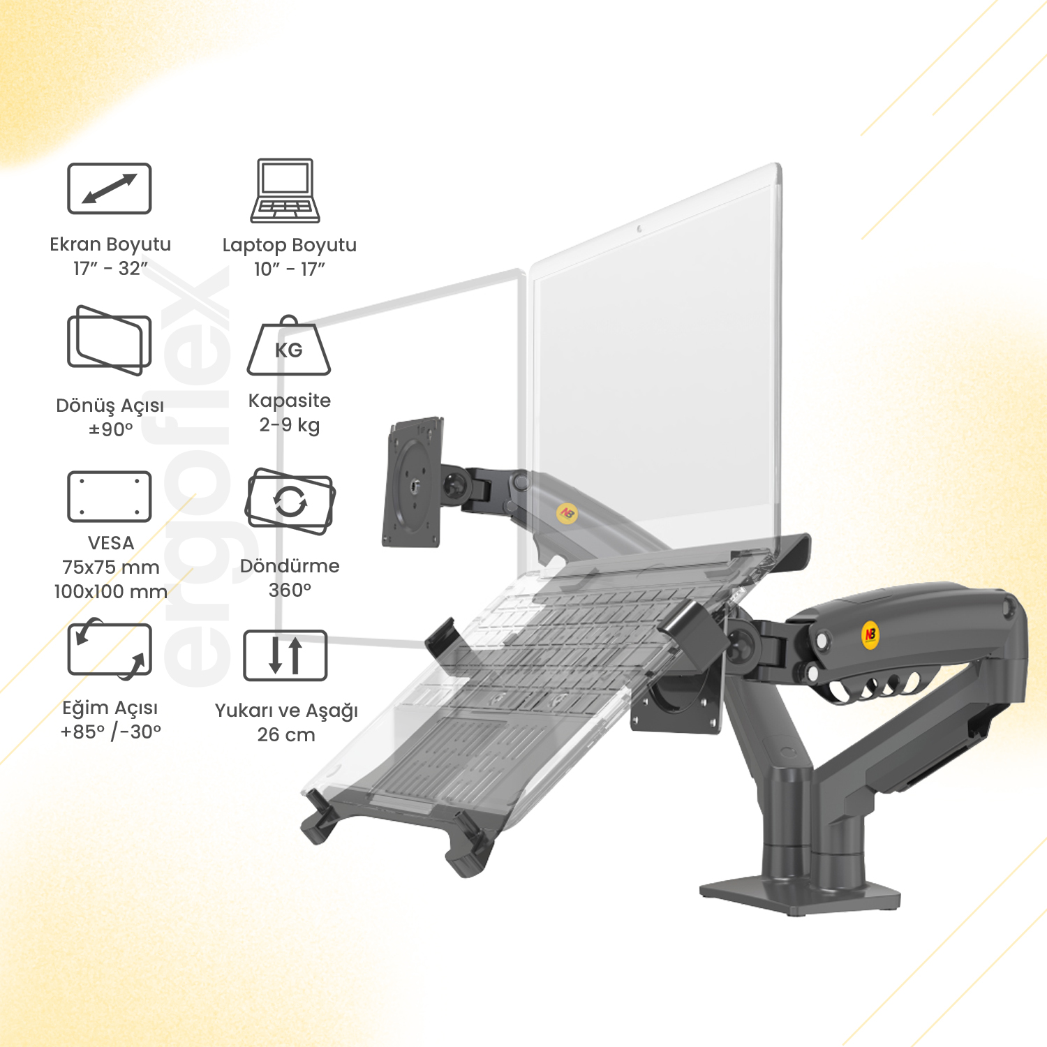 NB Ergonomic NB F160-FP Amortisörlü 17-32 Monitör Tutucu ve 10-17 Laptop Standı Koyu Gri