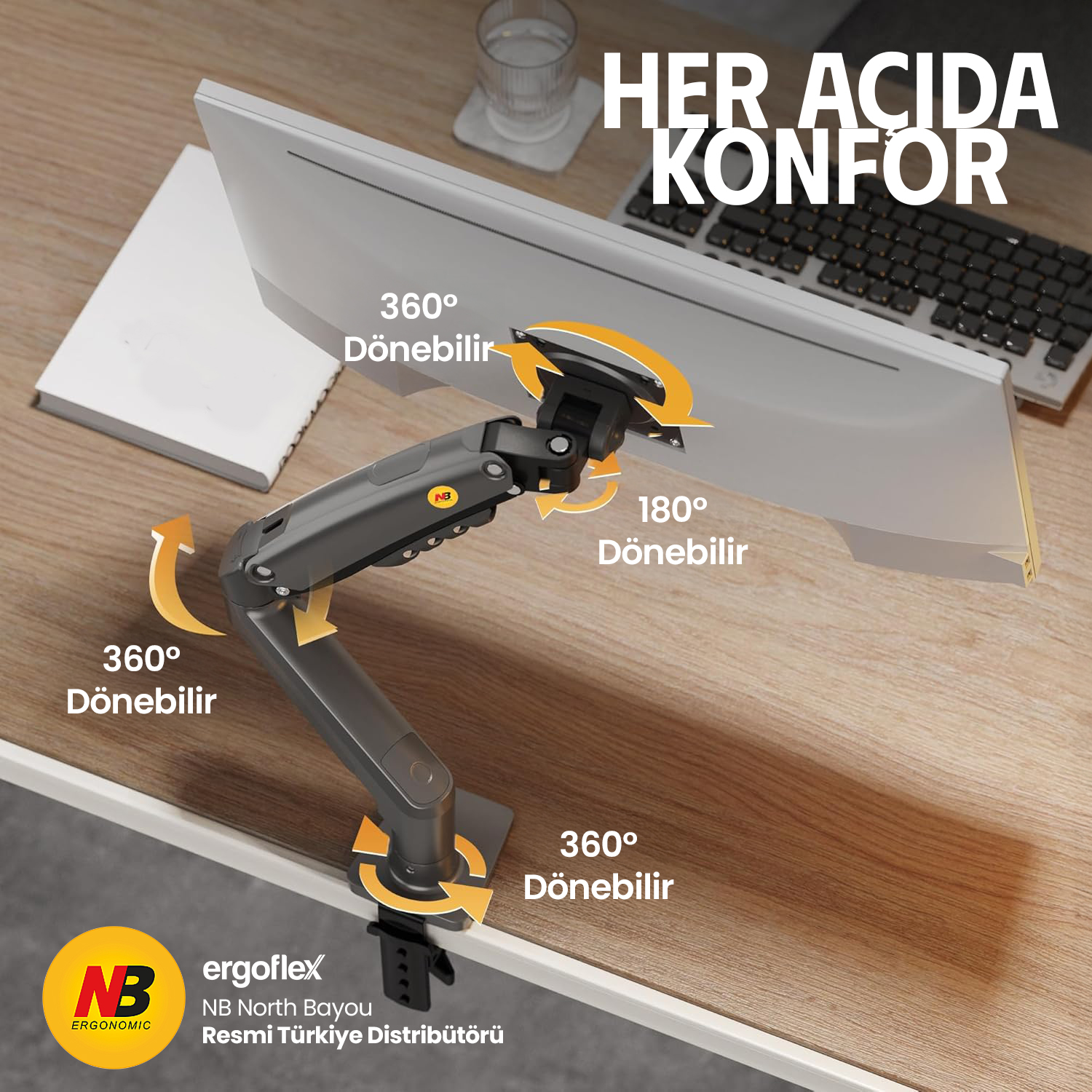 resimler/genel/North Bayou Desk Pro Bundle – NB F80 2026 Versiyon Ergonomik Monitör Standı + Ergoflex EF-354 Uzaktan Kumandalı Monitör Işık Çubuğu
