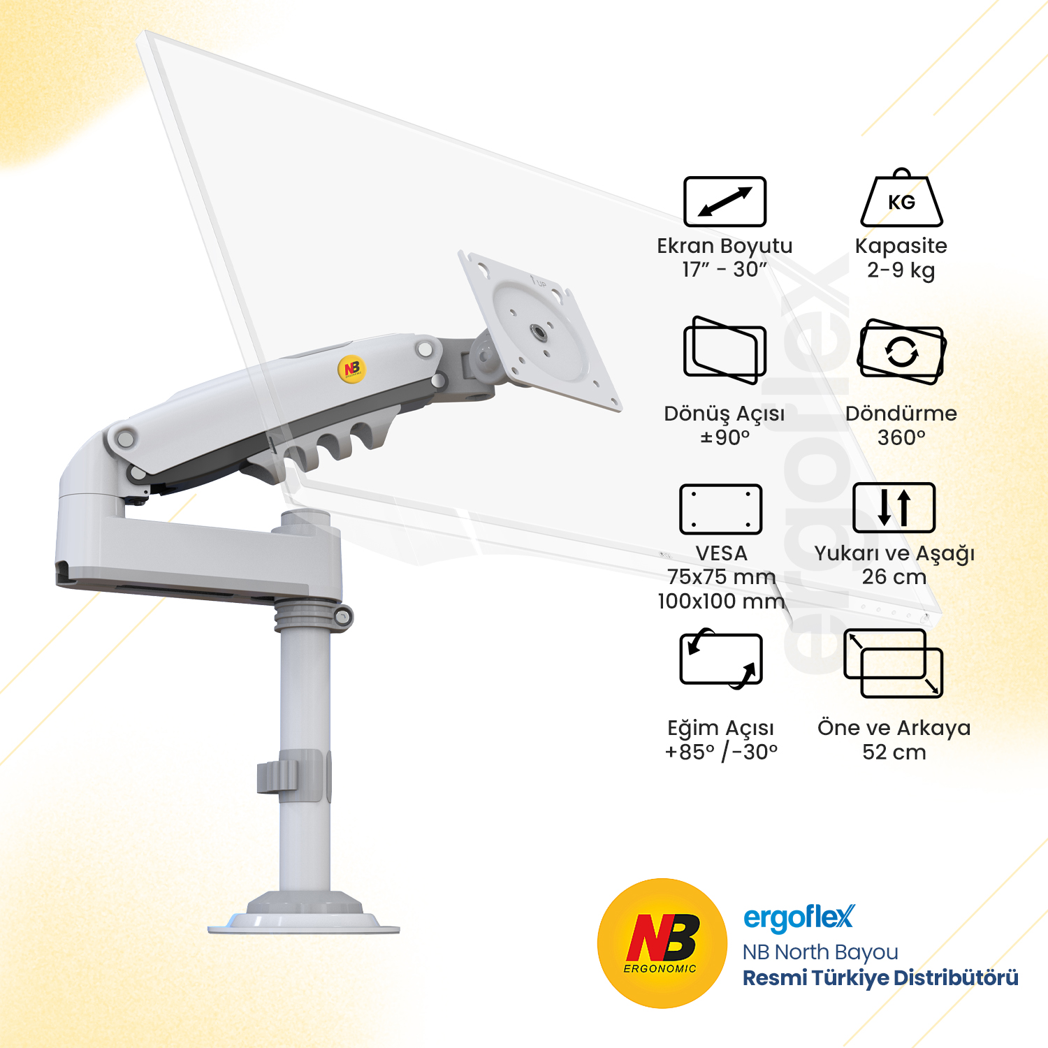 NB Ergonomic NB H100 17-30 Inch Monitör Standı Beyaz